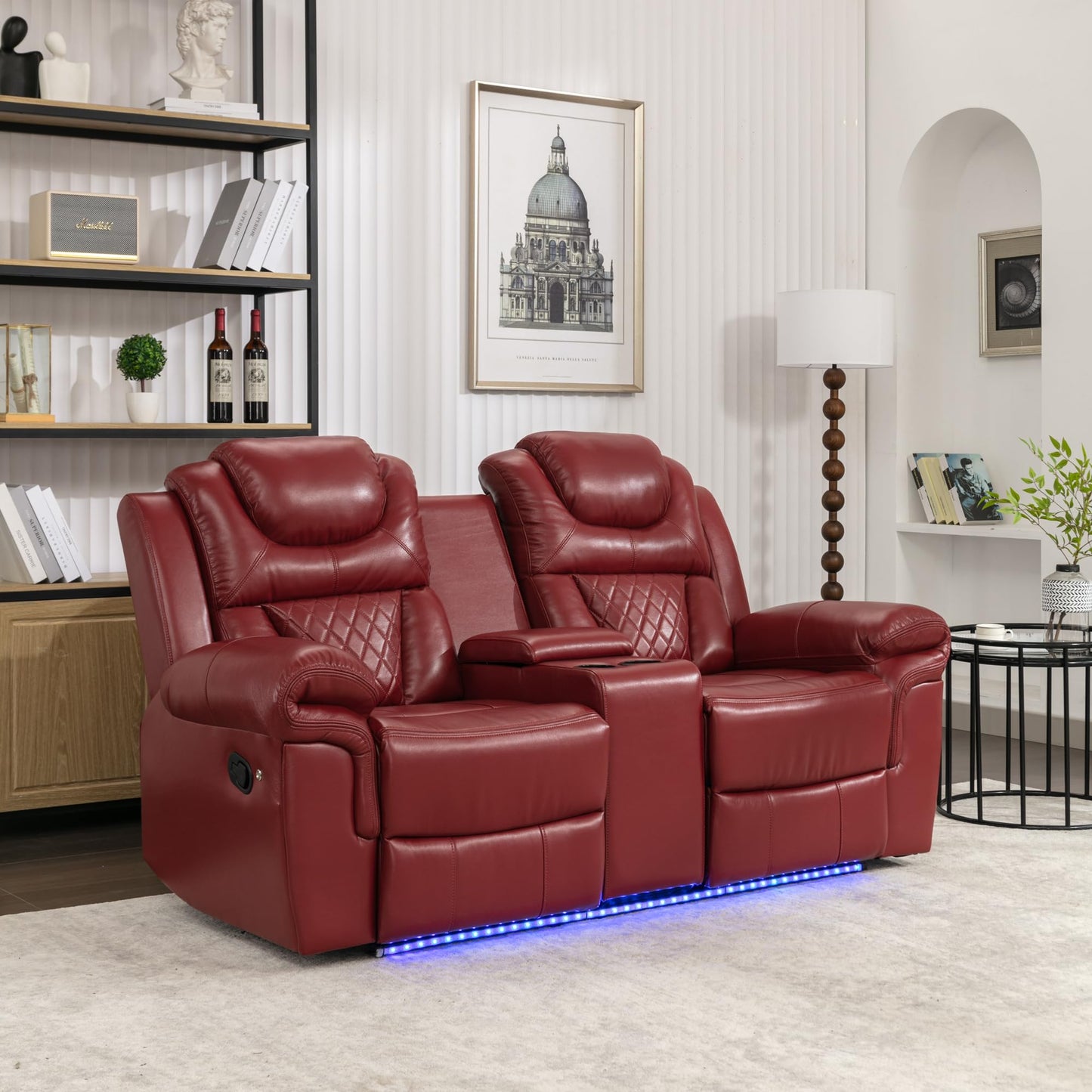 Ball & Cast 73" Home Theater Seating Manual Recliner Loveseat with LED Light Strip,Luxury Leather Couch W/Cup Holder & Hiden Storage,Lazy Adjustable Chair for LivingRoom Movie Night Enjoyment,WindRed