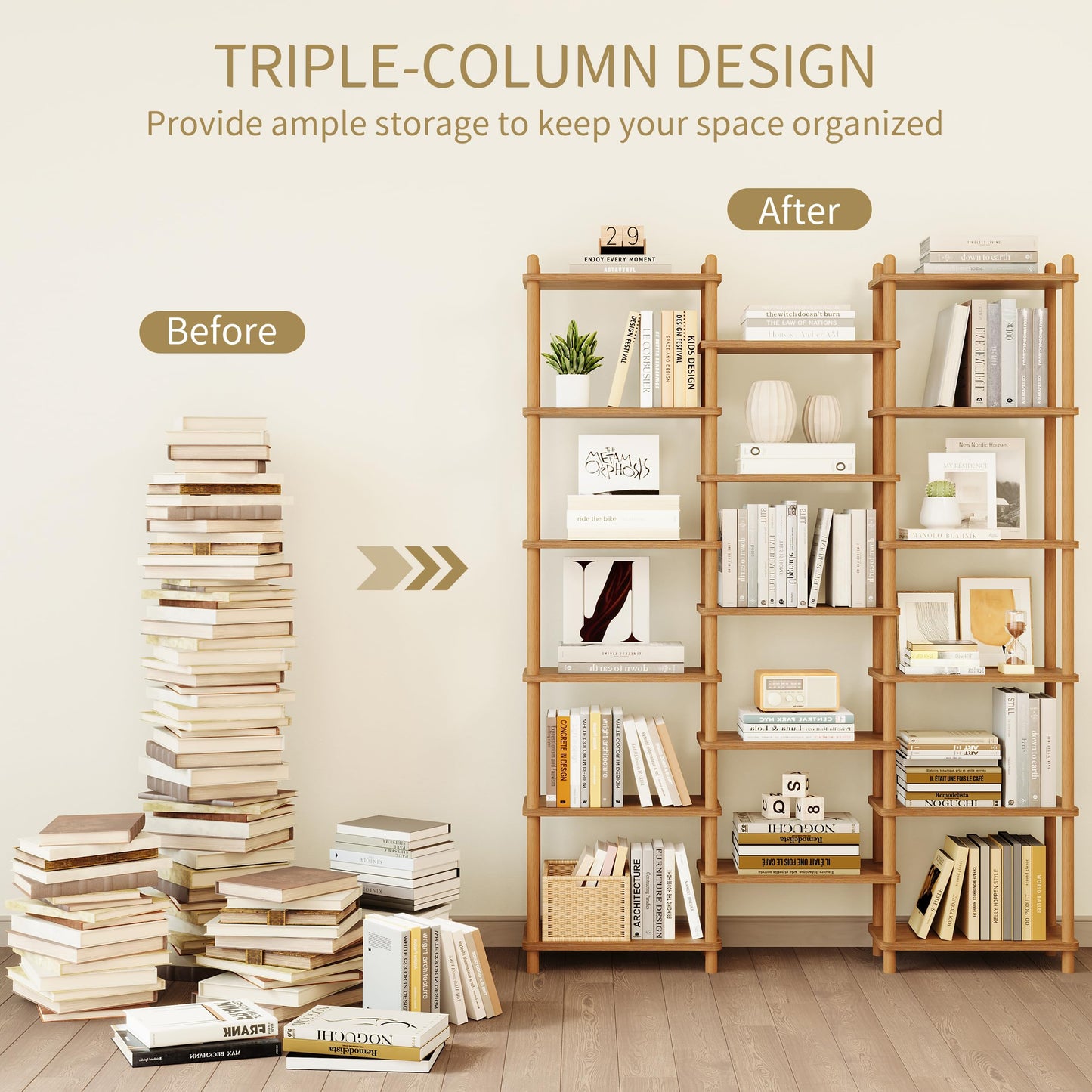 IOTXY Wooden Triple Wide Bookshelf - 6-Tier Large Shelf Bookcase with Solid Beech Frame, Tall Freestanding Open Etagere Display Rack for Home Office, Oak