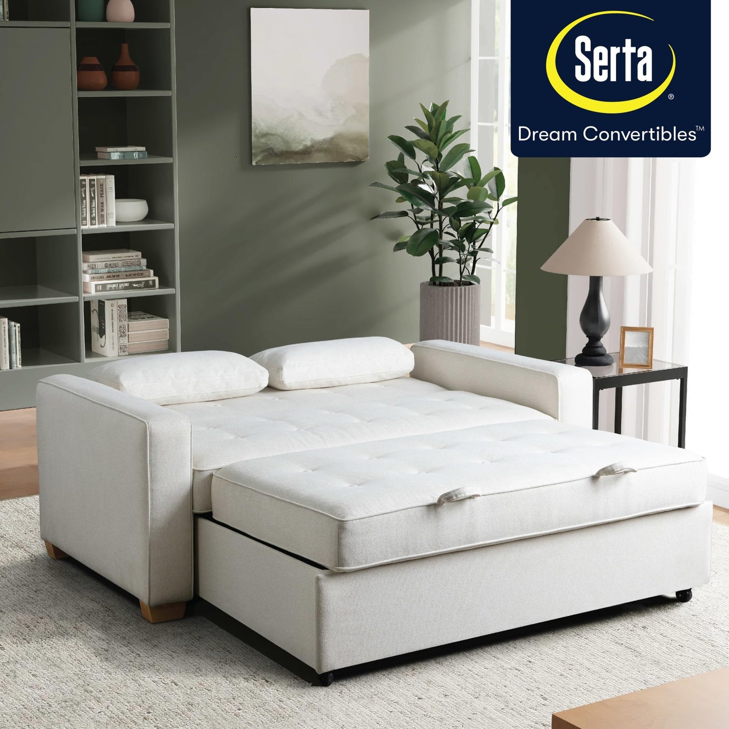 Serta Ainsley 66.5" Convertible Sleeper Loveseat, Full Size, Dreamcoil Comfort, Soft Woven Fabric, Oyster