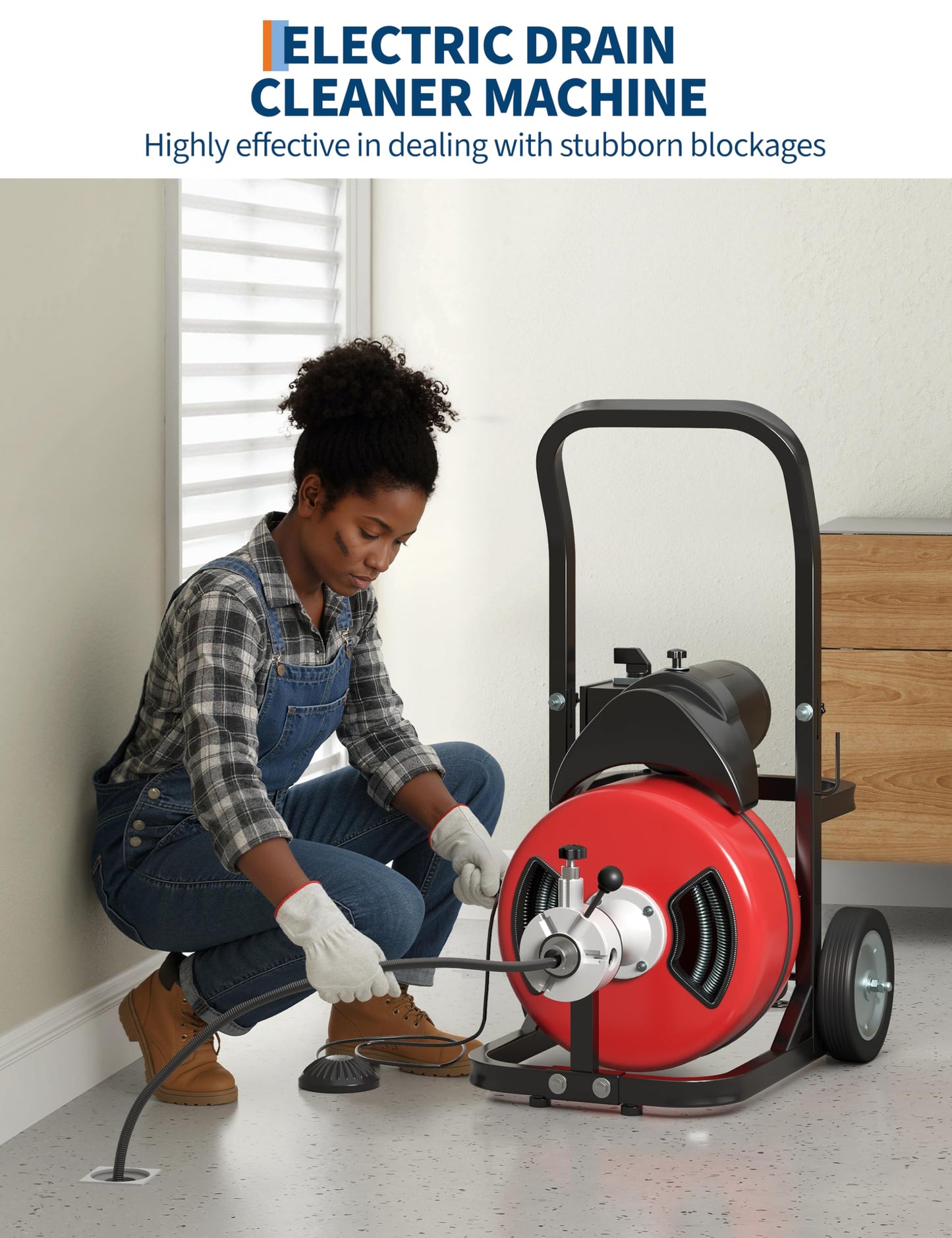 Drain Cleaner Machine 100FT x 1/2 Inch Steel Core Cable Portable 370W Electric Drain Cleaning Machine With Sewer Auger, Cutter, Air-activated Foot Switch, Wheels for Commercial, Home