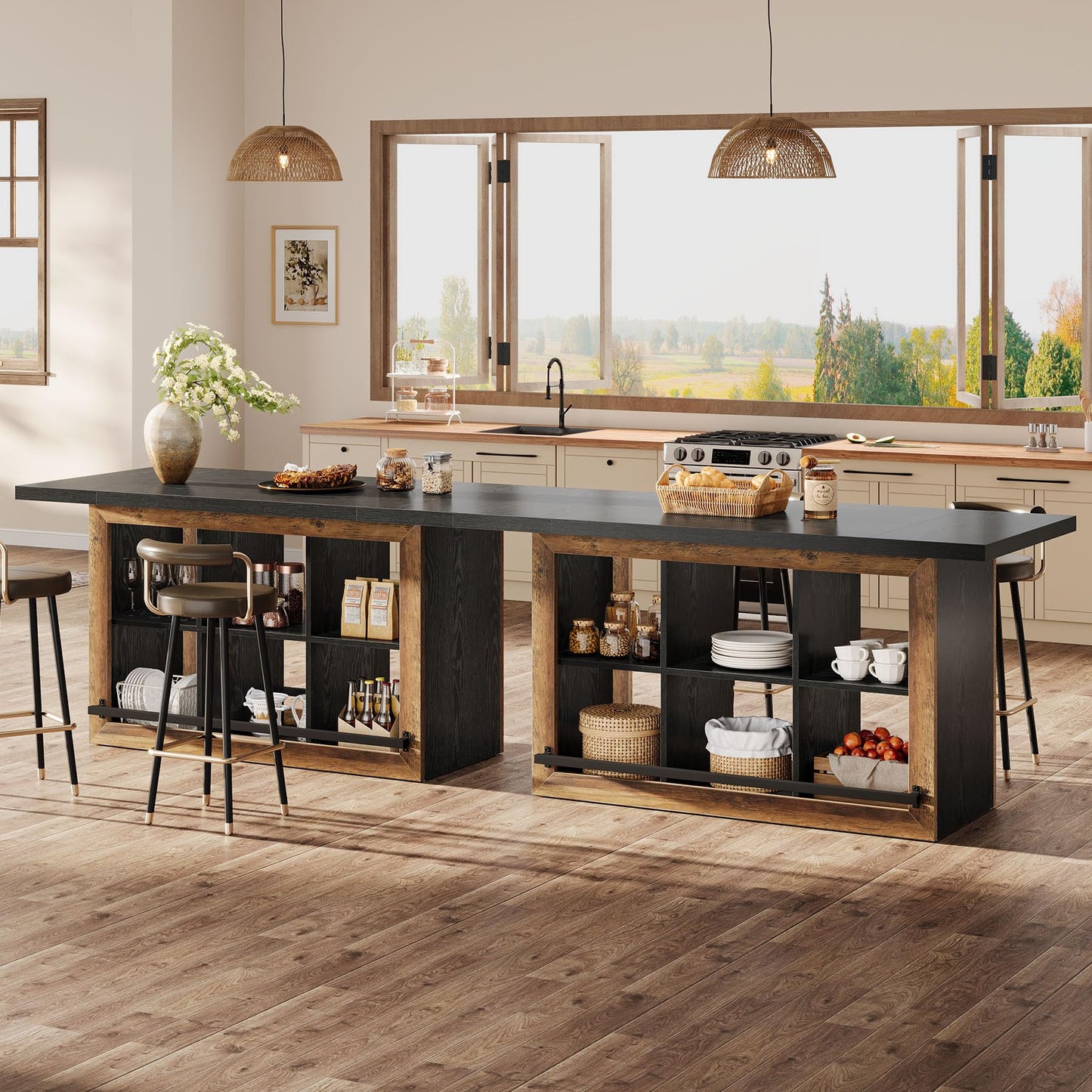 Tribesigns Kitchen Island with Storage, Farmhouse Island Bar, Black&Brown