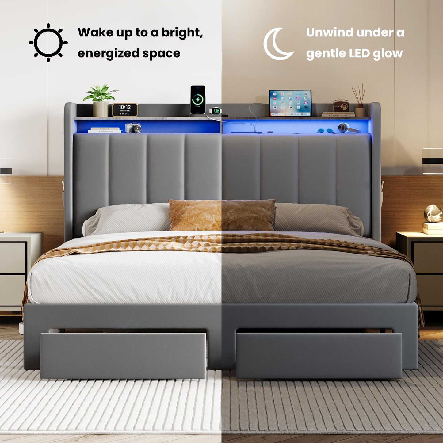 SHA CERLIN Velvet Queen Bed Frame with Vertical Channel Tufted Wingback Headboard & 2 Storage Drawers/2-Tier Shelves with LED Lights & Charging Station/Noise-Free/No Box Spring Needed/Light Grey