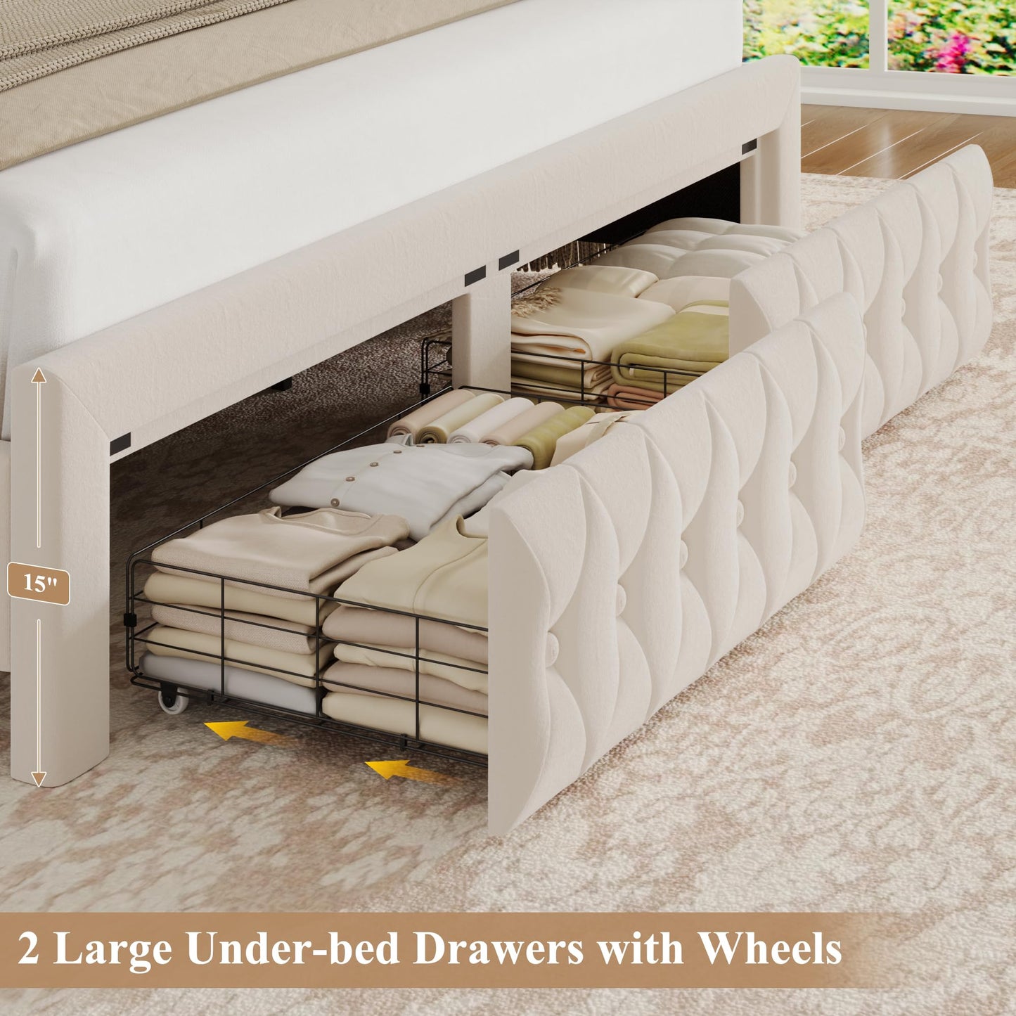 Queen Bed Frame 55" Tall Headboard with LED Lights, Buttons Tufted Velvet Upholstered Platform Bed Frame with 2 Storage Drawers, Wood Slats Support Mattress Foundation, No Box Spring Needed, Beige