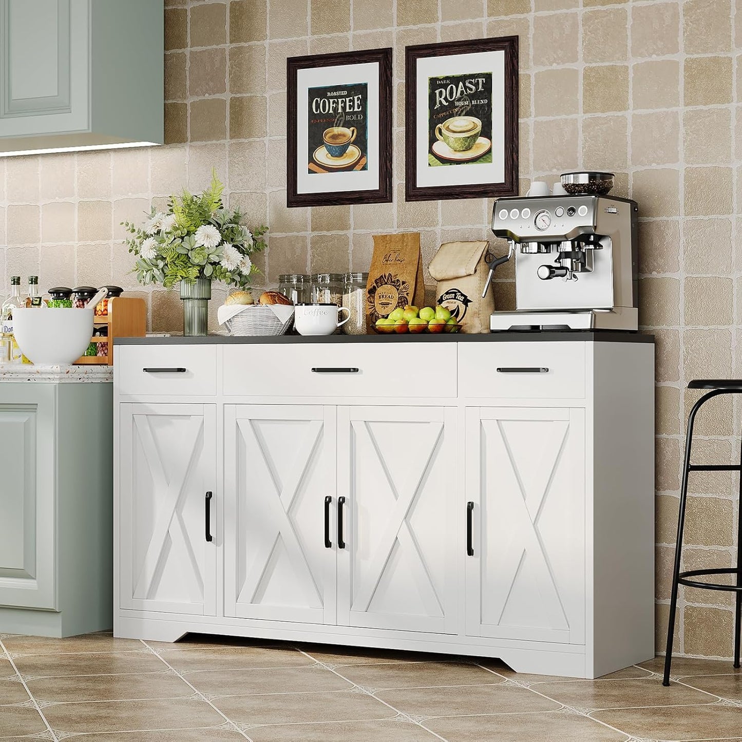 GarveeLife 55" Buffet Sideboard with 3 Drawers, Modern Farmhouse Kitchen Storage Cabinet, Large Wood Coffee Bar Cabinet with Storage for Living Room Hallway- White & Black