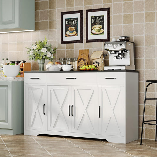 GarveeLife 55" Buffet Sideboard with 3 Drawers, Modern Farmhouse Kitchen Storage Cabinet, Large Wood Coffee Bar Cabinet with Storage for Living Room Hallway- White & Black