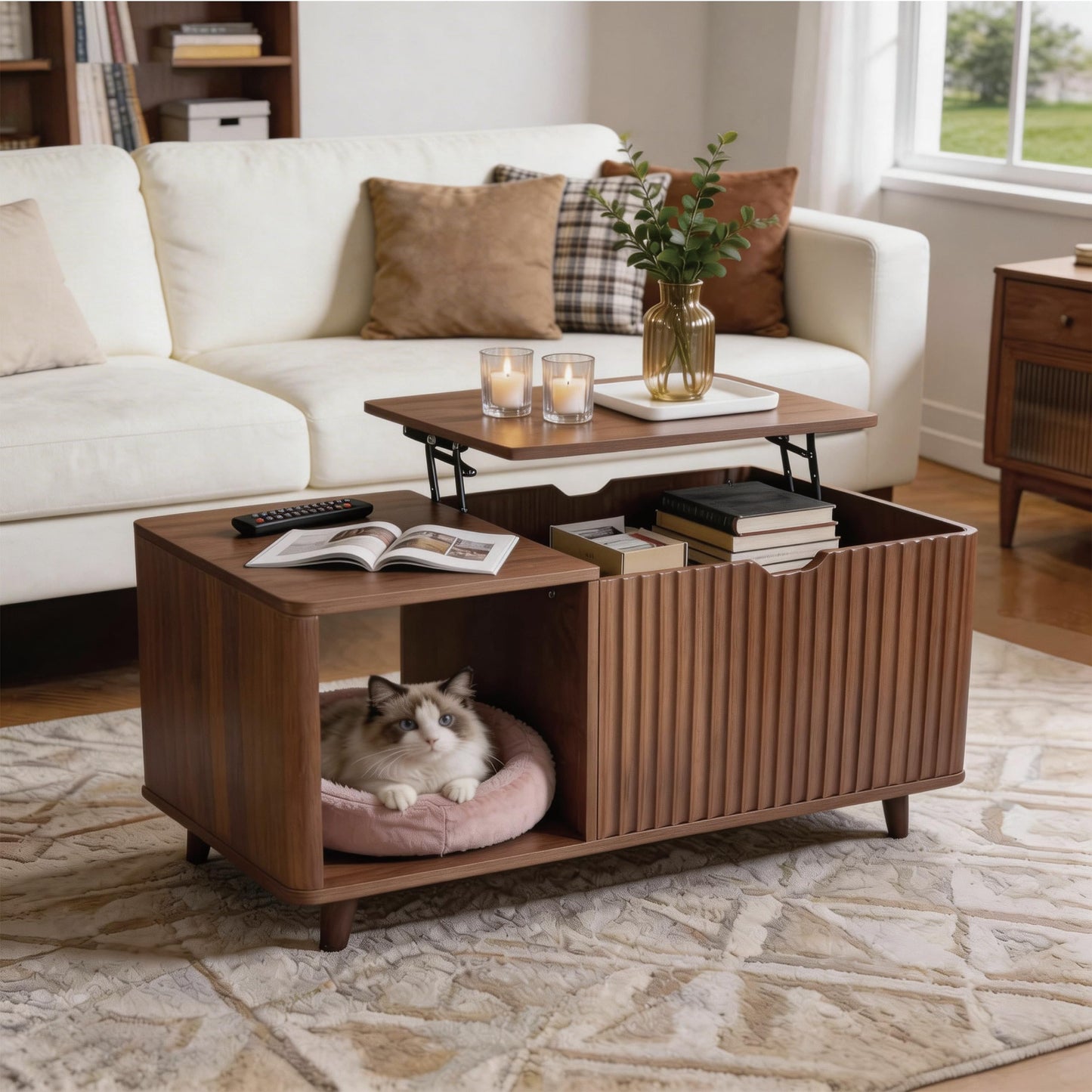 DAWNYIELD Fluted Lift Top Coffee Table with Hidden Storage, Center Table with Drawer & Open Shelf, Multi-Functional for Living Room, Space Saving, Oak