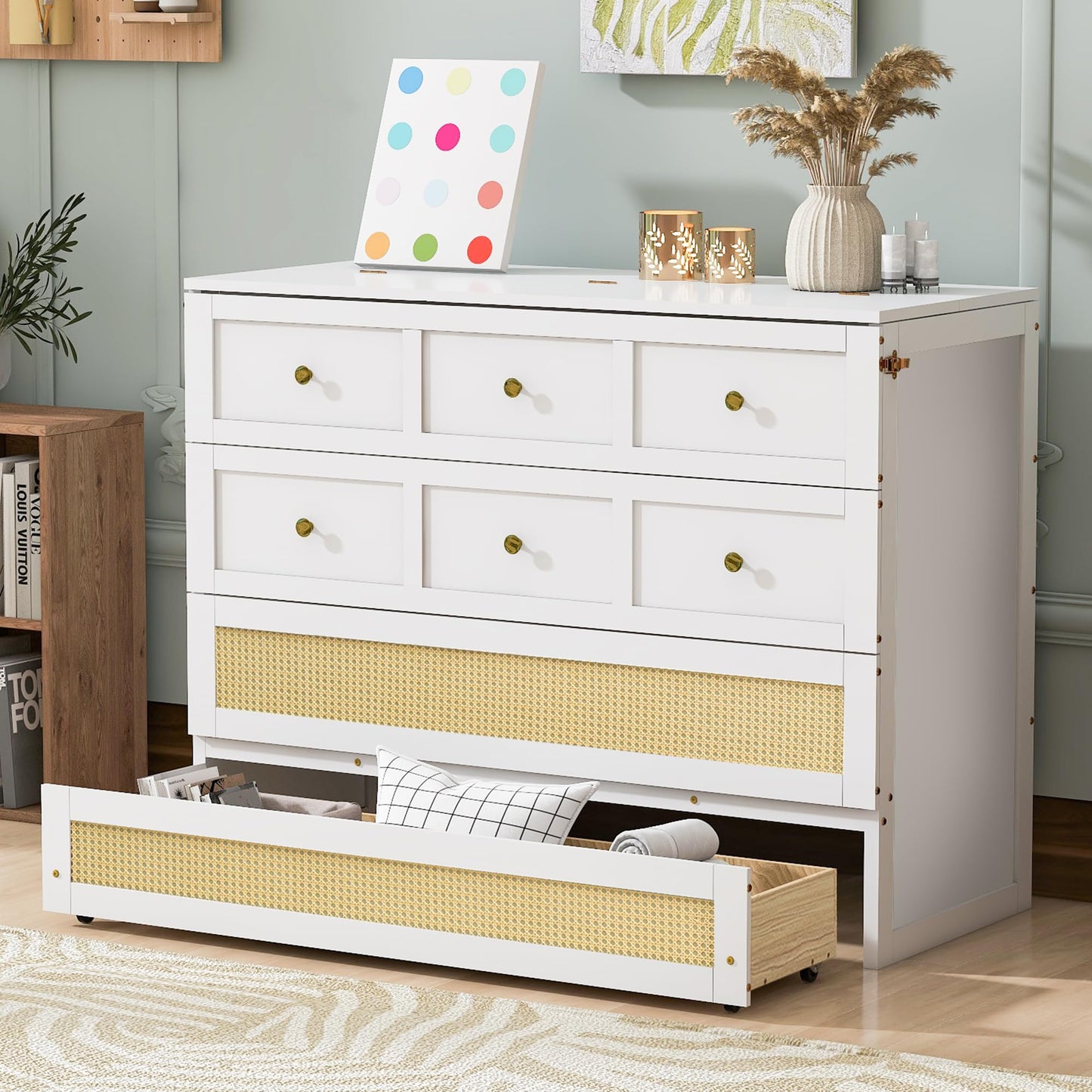 Merax Farmhouse Wood Murphy Bed Chest, Foldable Wall Platform Bed with Storage Drawer/Space Saving/Wood Slat Support/Full, White +Natural