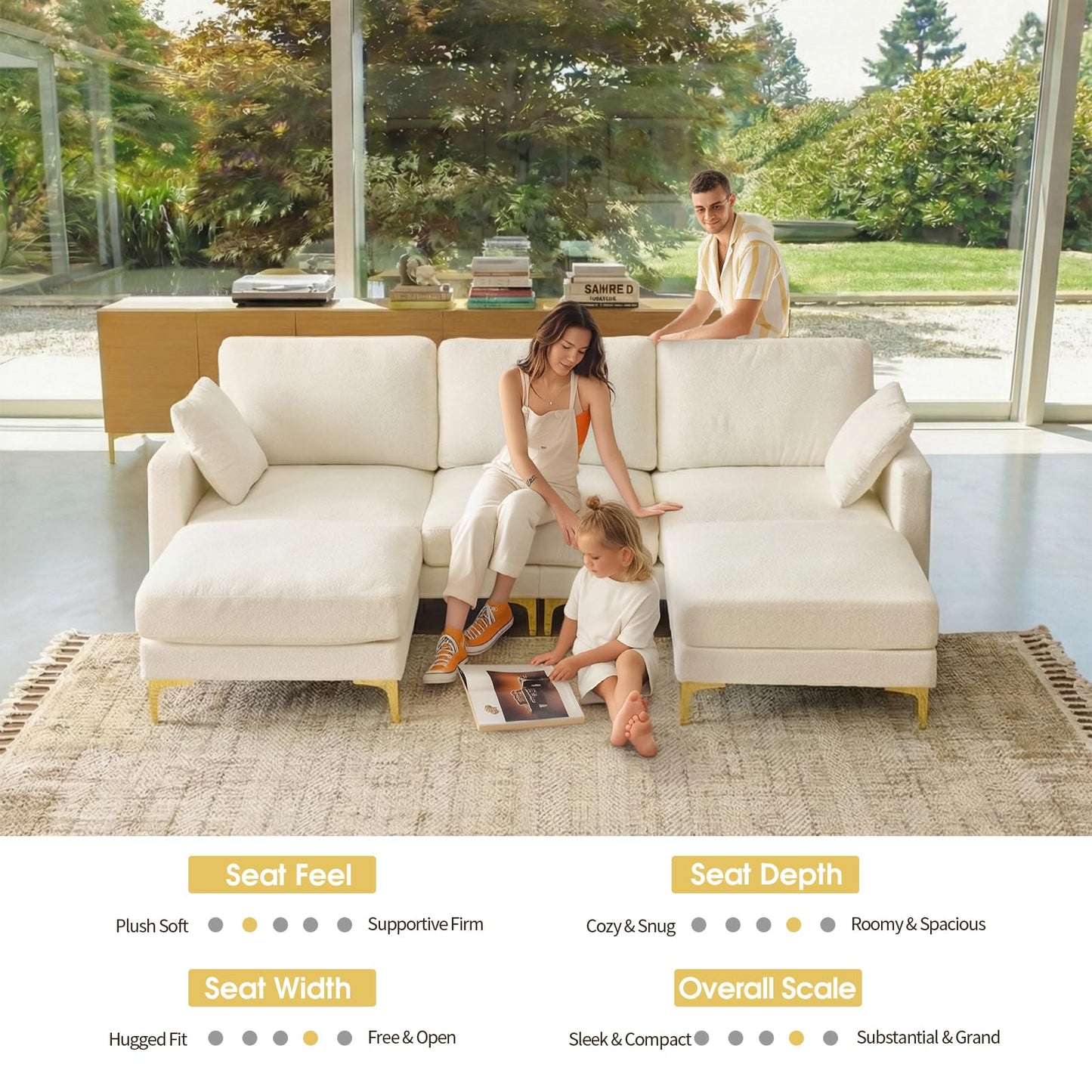 VINGLI 100" W U Shaped Couch with Ottoman, 22" Deep Seat Comfortable Sectional Couches for Living Room, 3 Seater Chenille Fabric Cloud Sofa for Apartment, Small Spaces, Bedroom, Beige