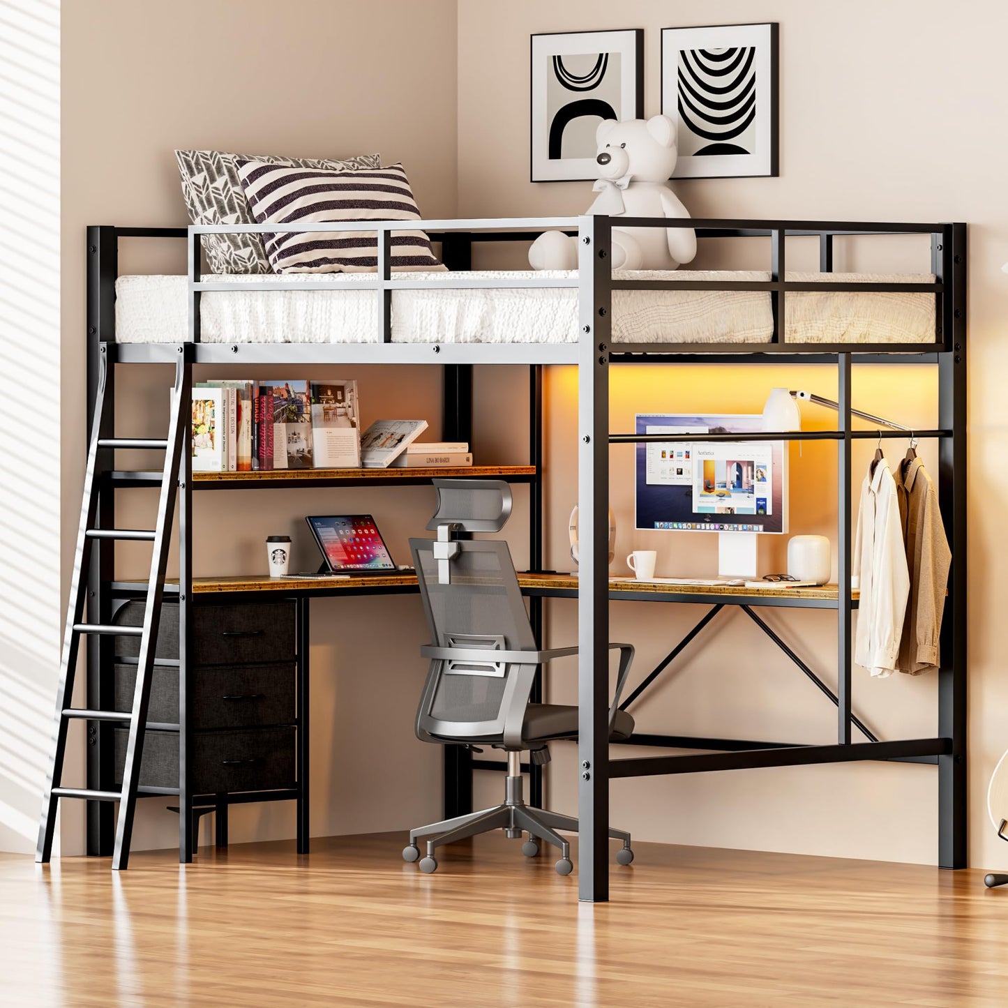 Cryrature Full Size Loft Bed with L-Shaped Desk, Charging Station,LED Lights,Heavy Duty Metal Loft Bed Frame with 3 Fabric Drawers & Open Shelve,No Box Spring Needed, Black