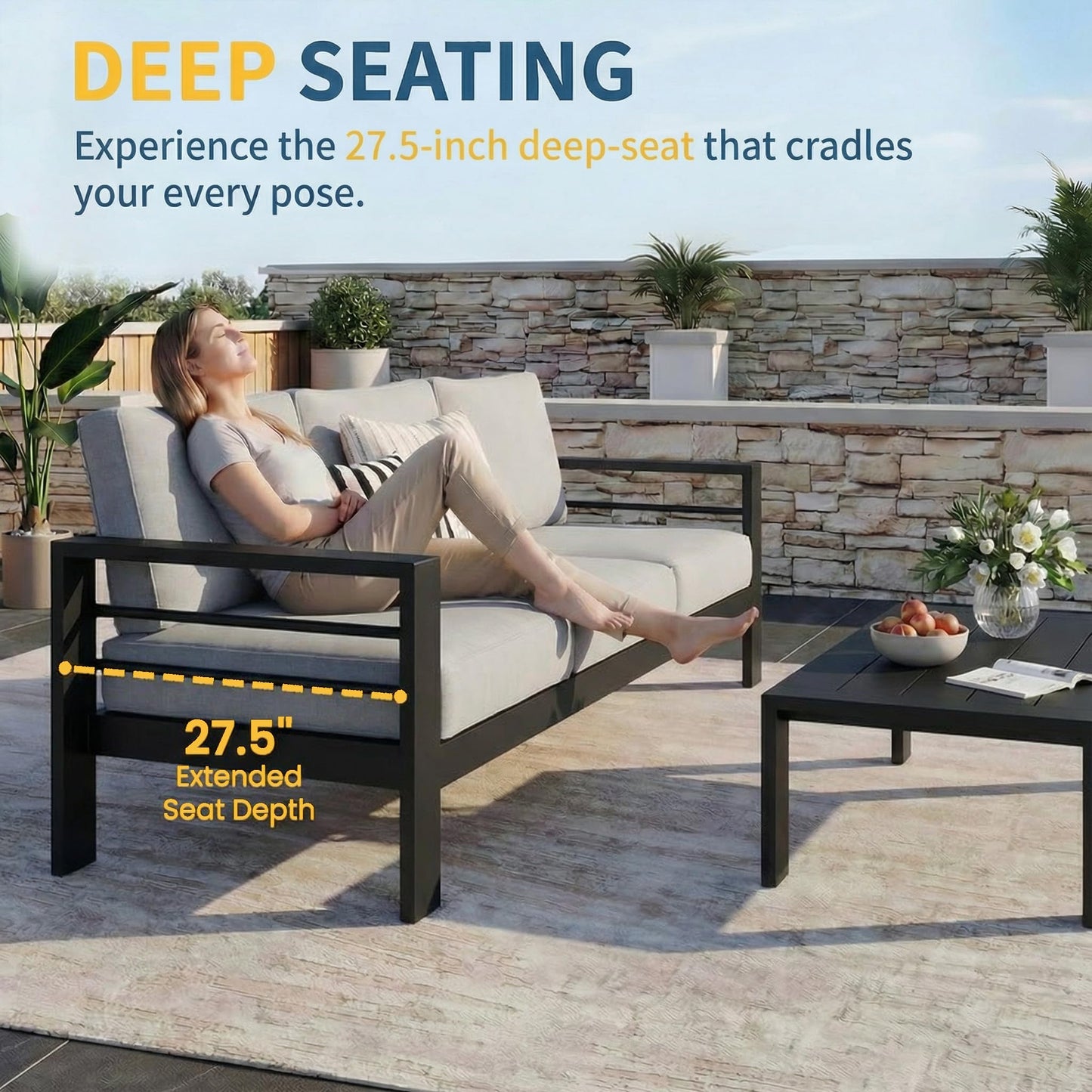 Solaste Aluminum Patio Furniture Set for All Weather, Oversized Metal Outdoor Furniture Set with 27.5" Deep Seating and 3.2" Wide Armrest, Outdoor Patio Conversation Sets with 10" Back Suport Cushion