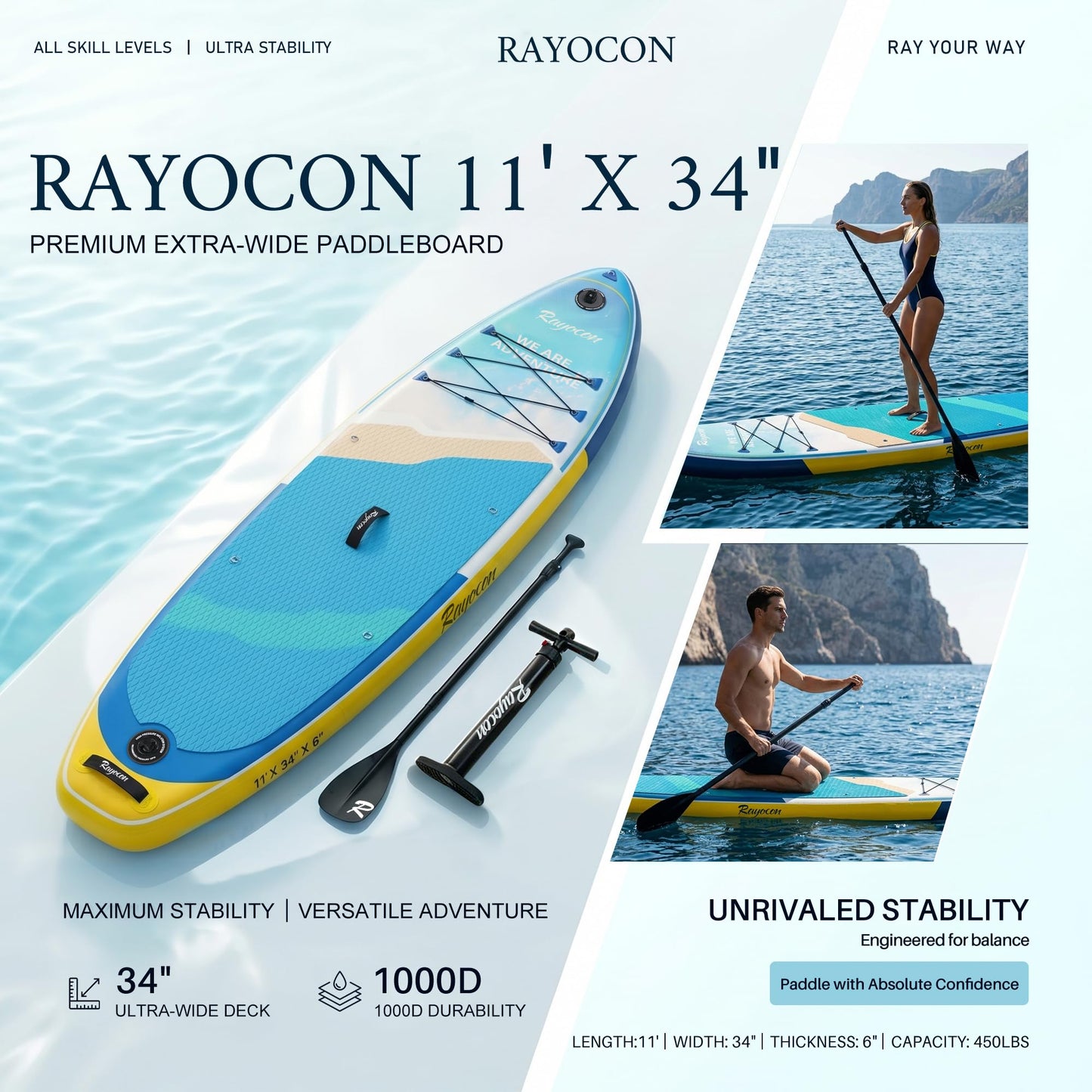 Inflatable Stand Up Paddle Board 11'×34" Extra Wide SUP, Ultra-Stable for Adults & Dog, 450lbs, Dual Chamber Pump, Fiberglass Paddle, Military Grade Dual Layer, Ocean Wave Design