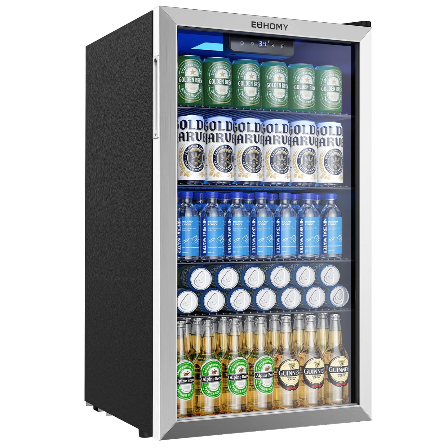EUHOMY Mini Fridge 130 Can Beverage Refrigerator Cooler Glass Door for Soda Wine Beer, Beverage Cooler for Home, Bar, Office with Digital Temperature Control Adjustable Shelves, 3.2 Cu.Ft, Silver