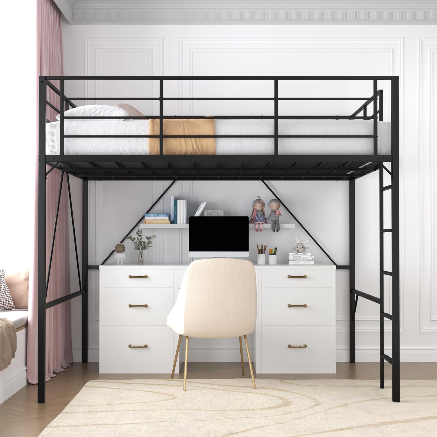 Realhotan 75Inch Queen Loft Bed with Ladder and High Guardrail, No Box Spring Required,Space-Saving,No Sagging Metal Slat Support Heavy Duty Bedframe, Black