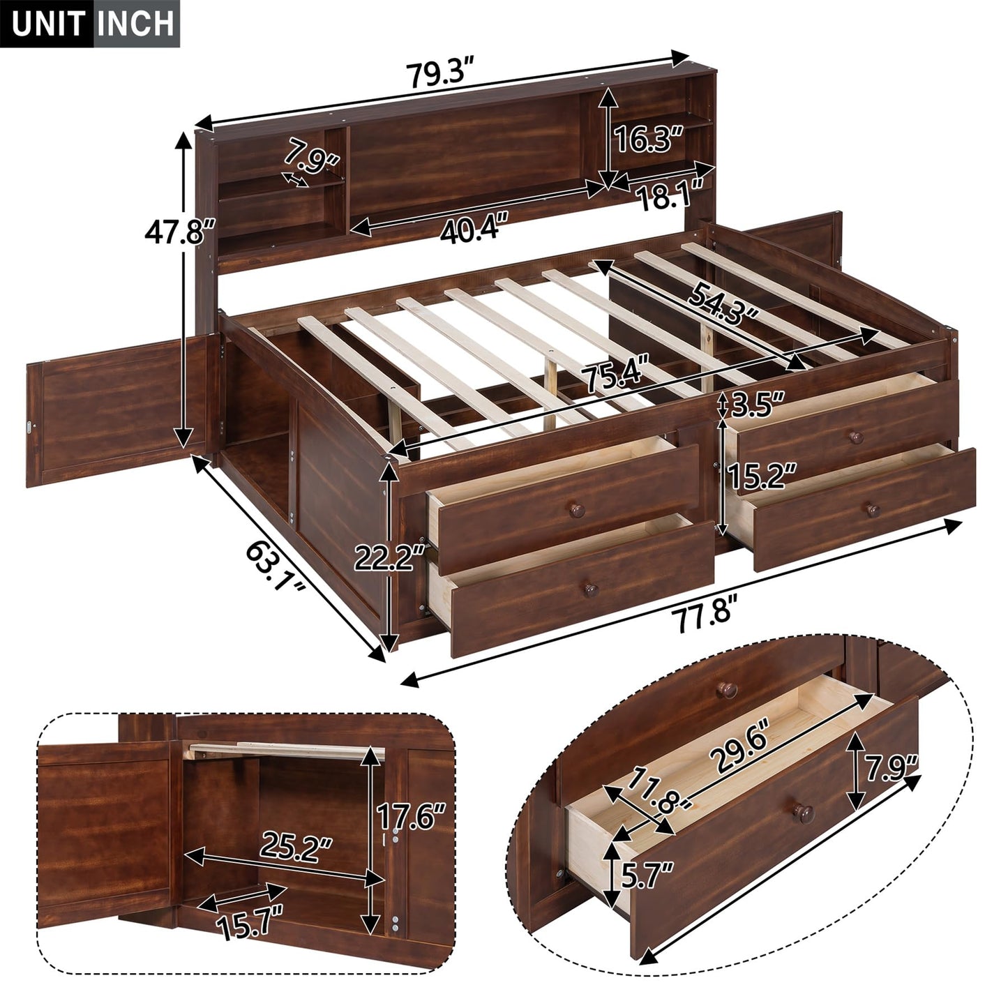 Merax Wooden Captain Bed Frame with Storage,Full Size Platform Bed with Built-in Storage Shelves,4 Drawers and 2 Cabinets,Full Size Daybed for Living Room