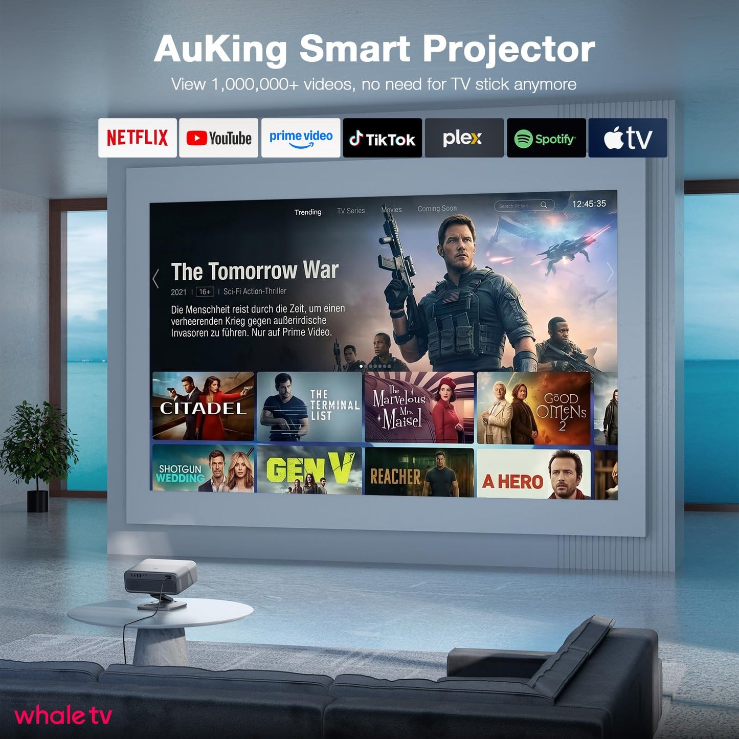[4200 ANSI] 4K Projector with WiFi and Bluetooth,TOF Real-Time Auto Focus Projector, AuKing Outdoor Movie Home Proyector with Omni-Adjustable Stand(silver grey)