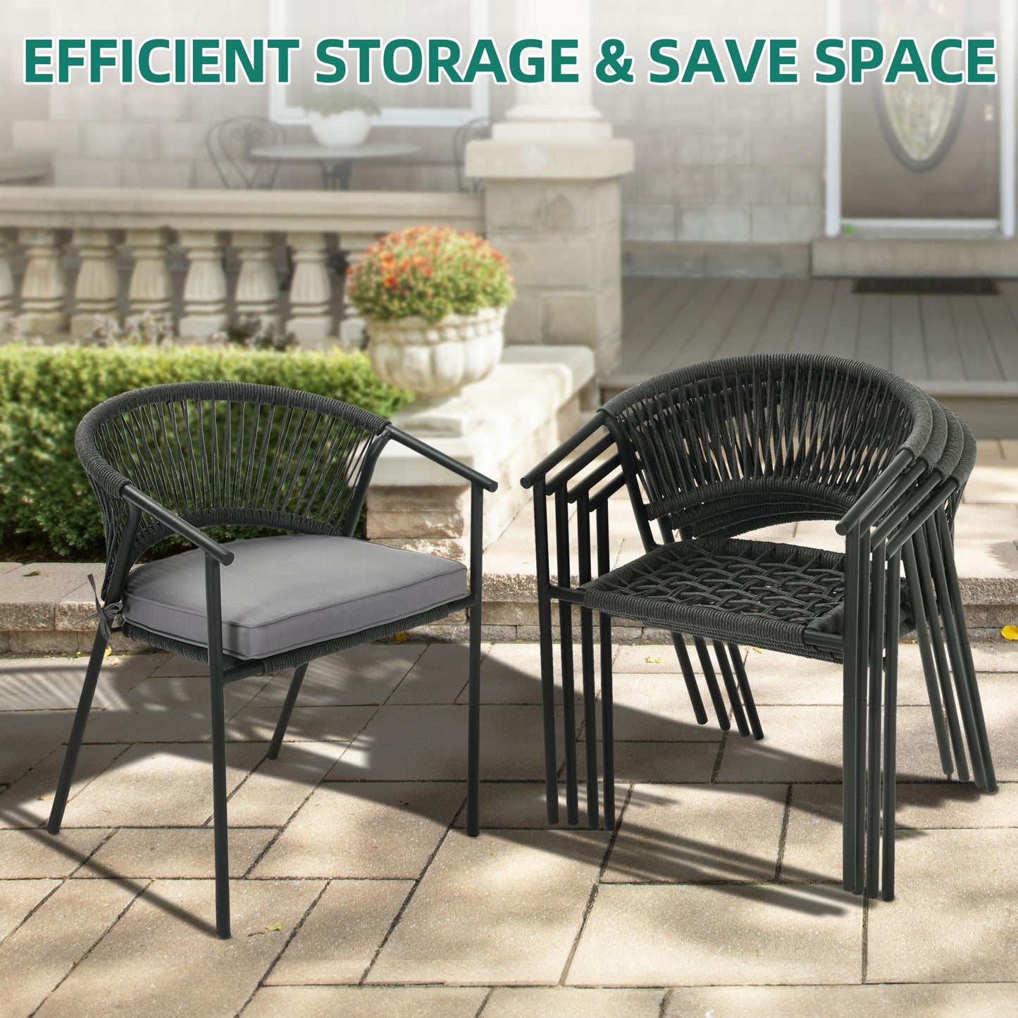 YITAHOME Outdoor Dining Chairs Set of 6 with Cushion, Stacking Chairs Set of 6 All-Weather Outdoor Chair Wicker Patio Armchairs Bistro Chairs Set Rattan Chairs Set for Garden Backyard Poolside