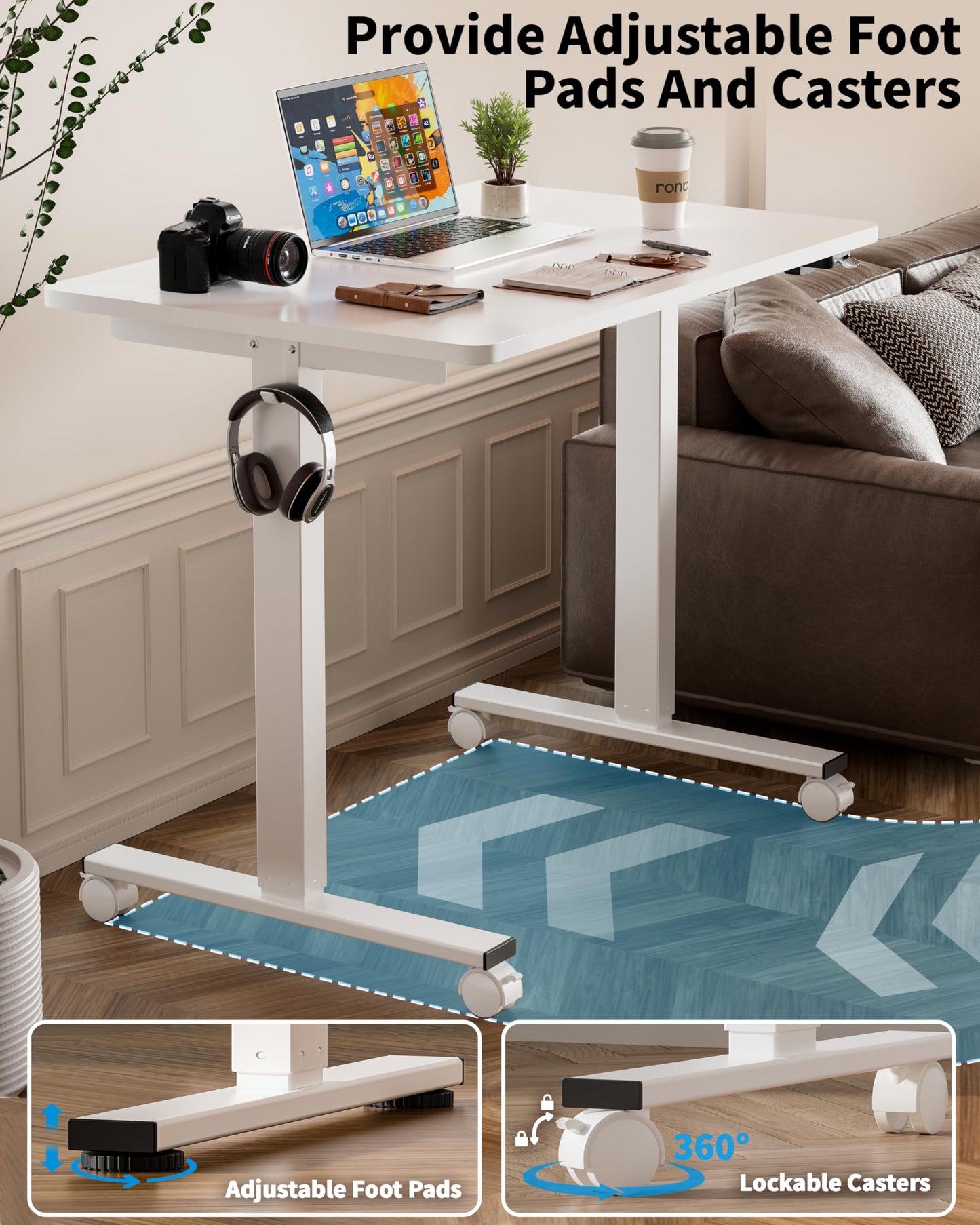 Okin Electric Standing Desk, 40 x 24 Inches Whole Piece Height Adjustable Desk, White Sit to Stand Desks Computer Workstation with Wheels for Home Office