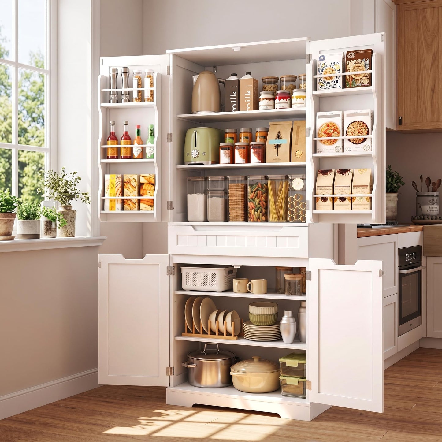 Gizoon 70" Tall Kitchen Pantry Cabinet with Doors and Adjustable Shelves, Pantry Storage Cabinet with Drawer Freestanding Organizer for Small Kitchen Bathroom Laundry Room, Painted White