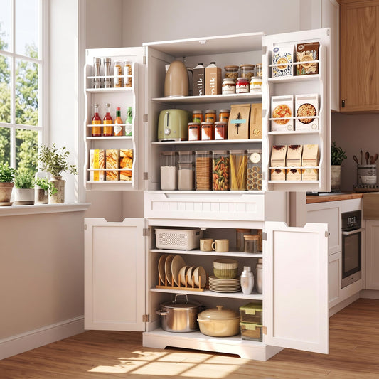 Gizoon 70" Tall Kitchen Pantry Cabinet with Doors and Adjustable Shelves, Pantry Storage Cabinet with Drawer Freestanding Organizer for Small Kitchen Bathroom Laundry Room, Painted White