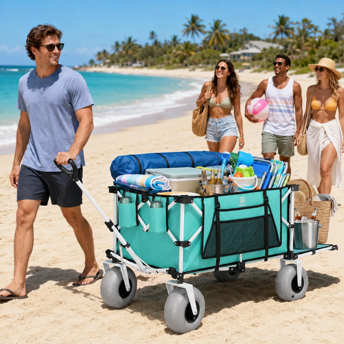 Navatiee 260L Beach Wagon with Extended Tailgate, 440lbs Heavy Duty Beach Cart with 9” Big Balloon Wheels for Sand, Collapsible Folding Wagon with Side Pocket for Outdoor, Light Blue