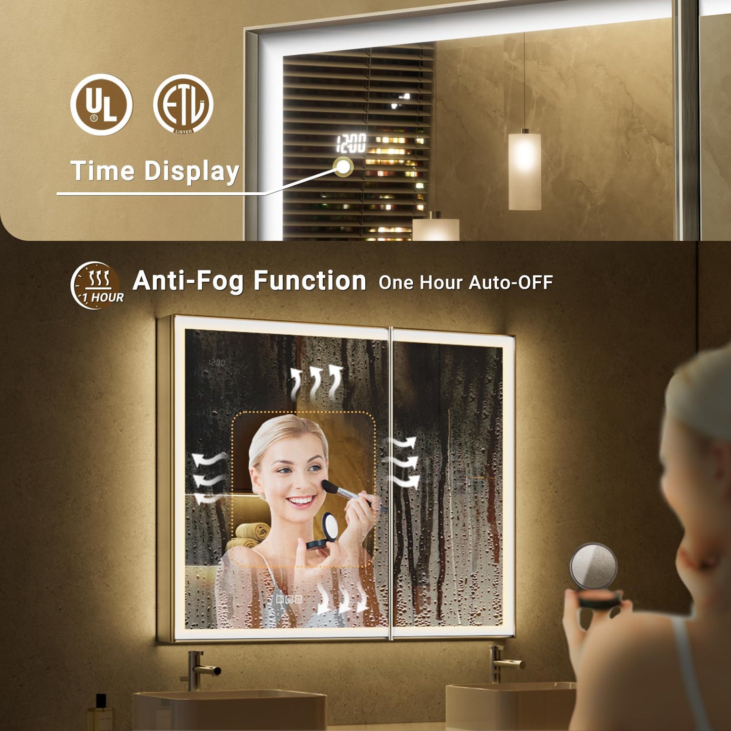 QueenFun Lighted Medicine Cabinet with Mirror, 20x26 Beveled Brushed Nickel Framed Surface or Recessed Fogless Dimmable LED Medicine Cabinet with Outlet, Time Display and Sensor Inner Light