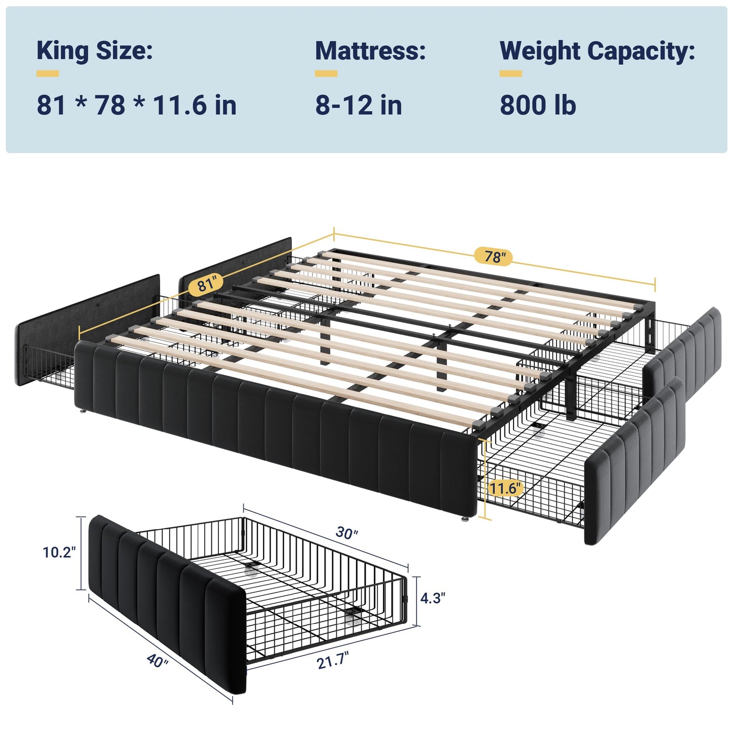 Allewie King Size Platform Bed Frame with 4 Large Storage Drawers, Velvet Vertical Channel Tufted Upholstered Bed Base, Wooden Slats Support, Noise-Free, No Box Spring Needed, Easy Assembly, Black