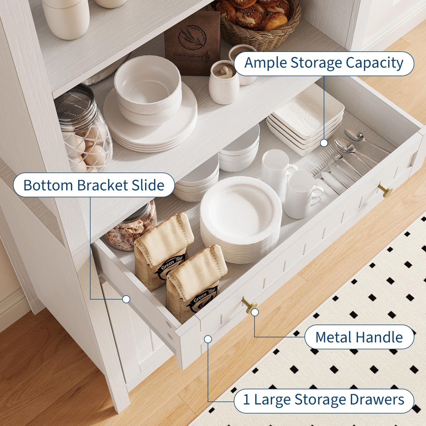 GarveeHome 73" Tall Arched Pantry Cabinet with 1 Drawer, 3-Tier Bookshelf, Bookcase, Kitchen Storage Cabinet with Doors and Adjustable Shelves, for Dining Room and Livingroom