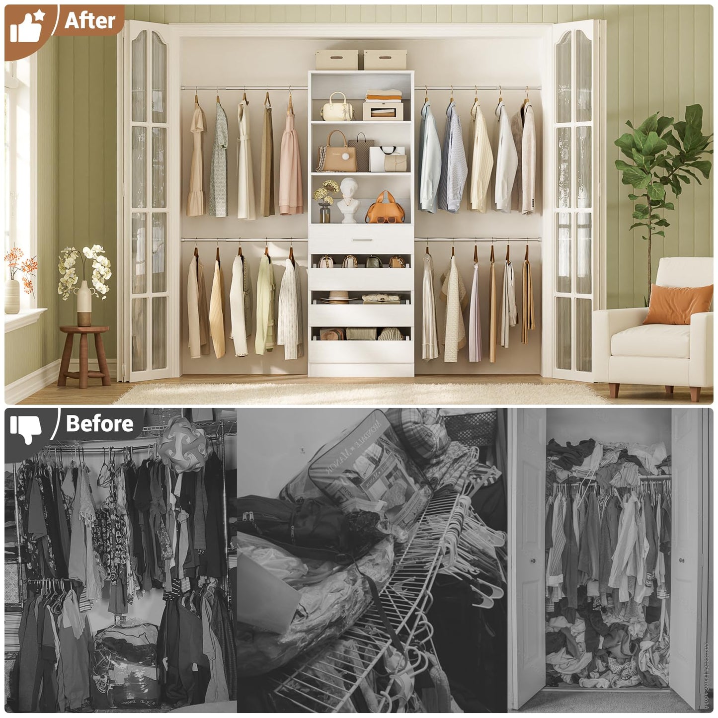 Aheaplus Closet System, 4-9Ft Closet Organizer with 4 Wooden Drawers, Wood Closet Organizer System with Tower, Walk-in Closet Organizer Wardrobe Clothes Rack with 4 Hanging Rods, Garment Rack, White