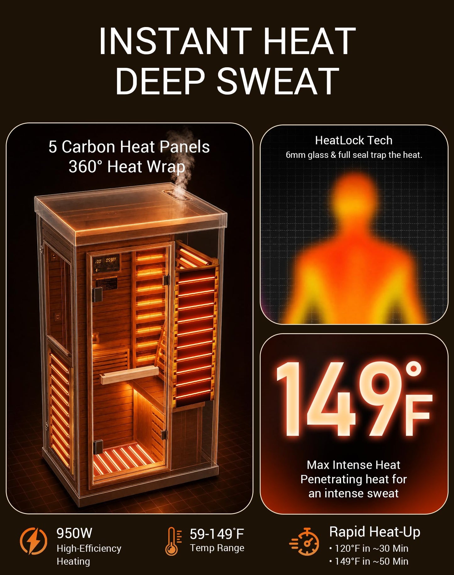 Mikolo 1 Person Far Infrared Sauna for Home | Ultra-Low EMF Indoor Dry Sauna | Solid Canadian Hemlock with 5 Carbon Heaters | Chromotherapy Light Therapy & Bluetooth for Wellness and Relaxation(Black)