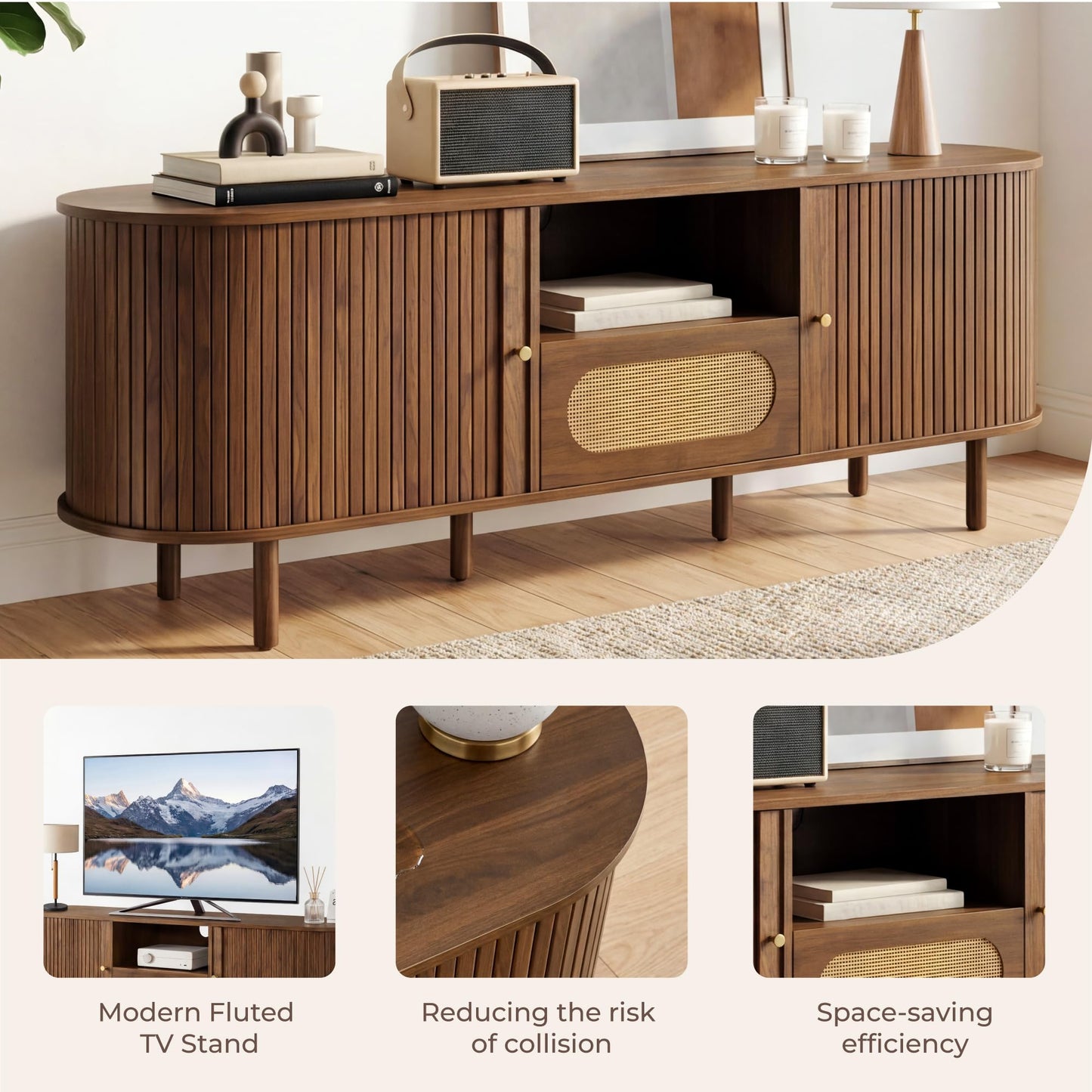 63'' Tambour TV Stand with Power Outlet for TVs up to 70 in,Mid-Century Modern TV Entertainment with 3 Cable Management Holes,Rattan Drawer & Fluted Sliding Doors,Media Console with Solid Wood Legs