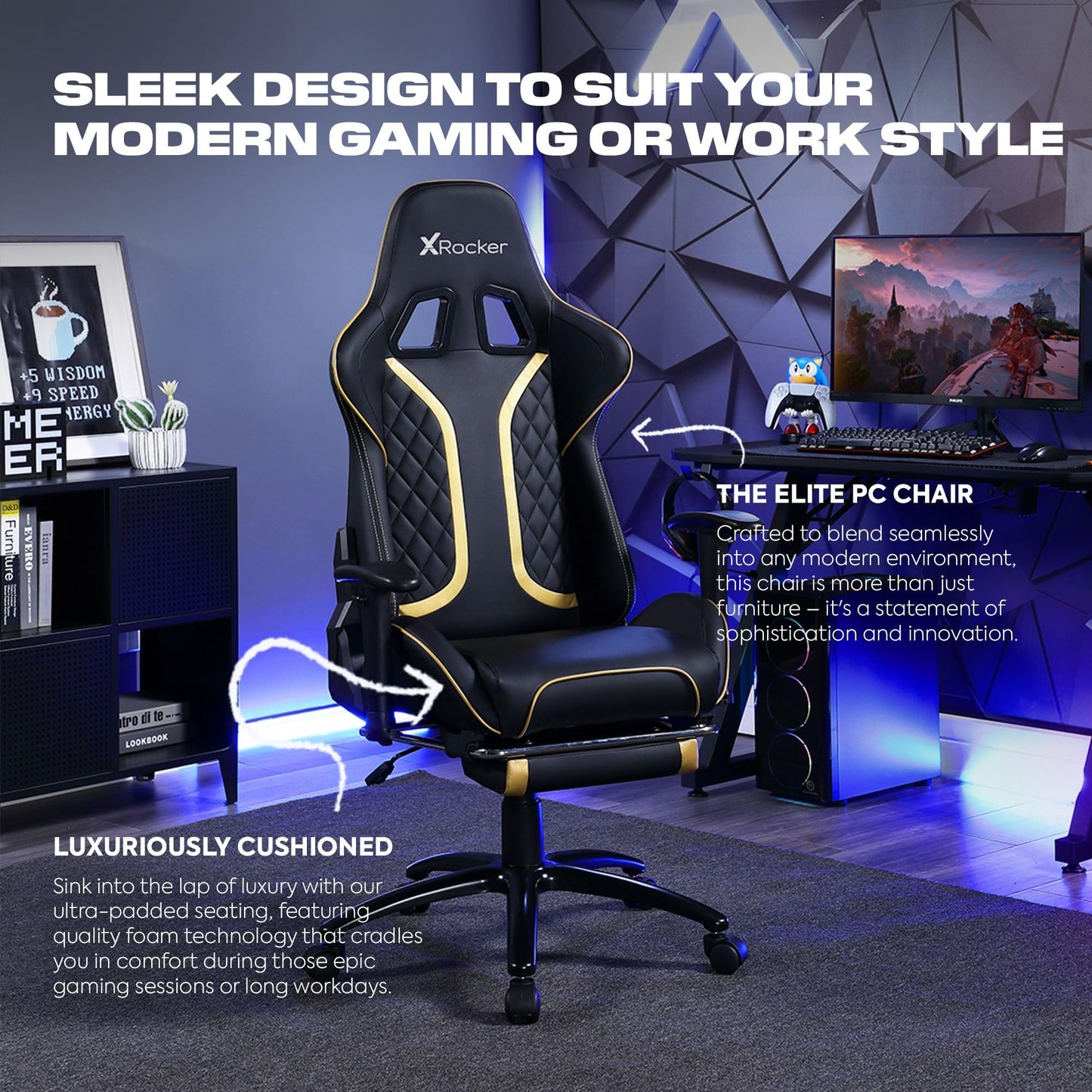 X Rocker Elite PC Video Gaming Chair with Footrest, Adjustable Ergonomic Office Desk Chair for Computer Gamers with Wheels, Vegan Leather, Black & White, Gifts for Gamers