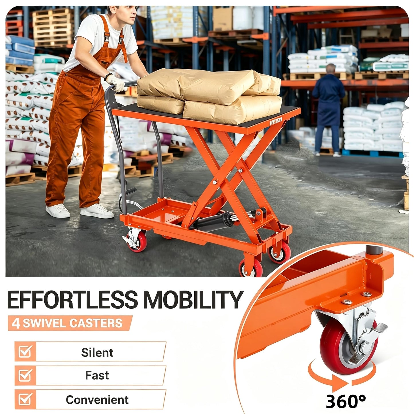Garvee Hydraulic Lift Table Cart, 500 LBS Capacity 28.5 in Lifting Height Single Scissor Lift Table with 4 Swivel Wheels & Non-Slip Pad, for Material Handling and Transportation, Orange