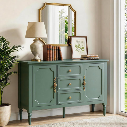 RoyalCraft Buffet Cabinet with Storage, Vintage Sideboard with 2 Doors & 3 Drawers, Coffee Bar Table with Solid Wood Legs, Mid Century Modern Painted Credenza for Kitchen, Dining Room, Green