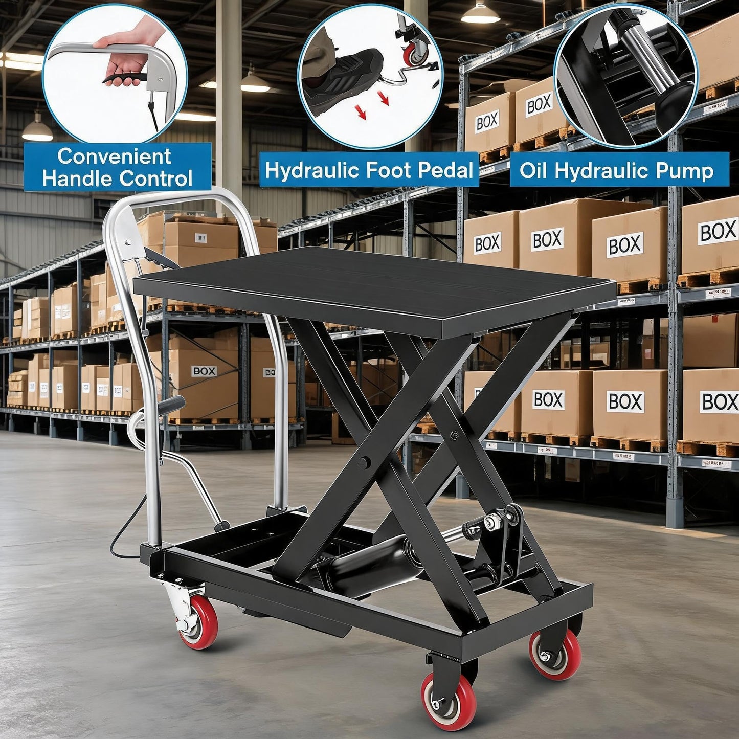 GarveeTech Hydraulic Lift Table Cart 330 LBS Capacity, Manual Scissor Lift with 4 Wheels & Non-Slip Platform, Adjustable 11 in to 28.5 in Height for Material Handling in Workshop, Warehouse
