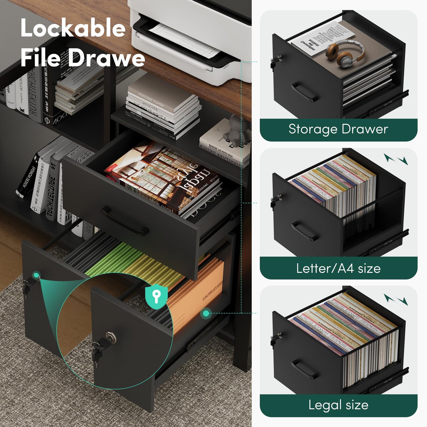 MALOL 70.3" L-Shaped Office Desk, Reversible L-Shaped Computer Desk with Power Outlet, Large Executive Desk with Locked File Drawers & Storage Shelves, Pegboard, Mobile CPU Stand, Modern Corner Desk