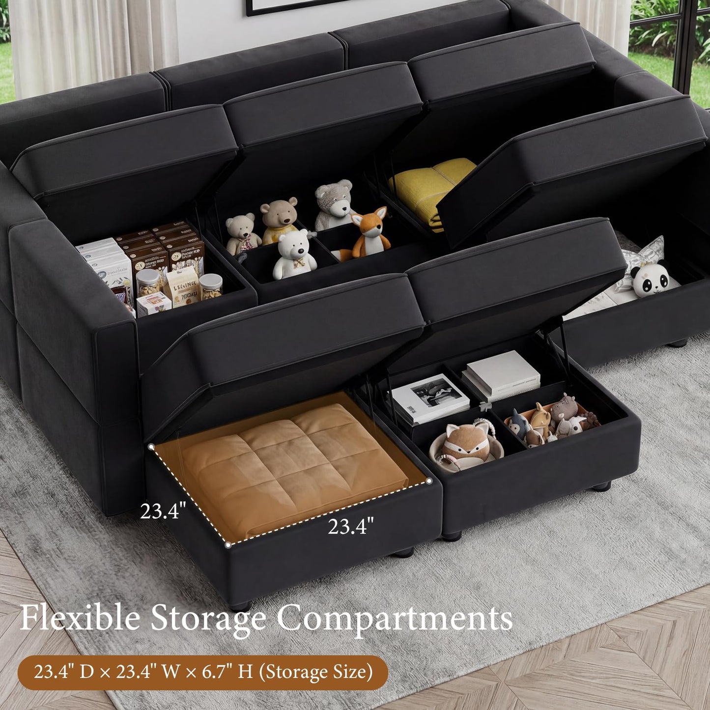 Vesgantti Modular Sectional Sofa with Storage, 92" Sofa Bed with 6 Seats Storage Chaises Removable Cover, Deep Seat Modular Couches Velvet Couch Set for Living Room, Apartment, Home Theater, Black