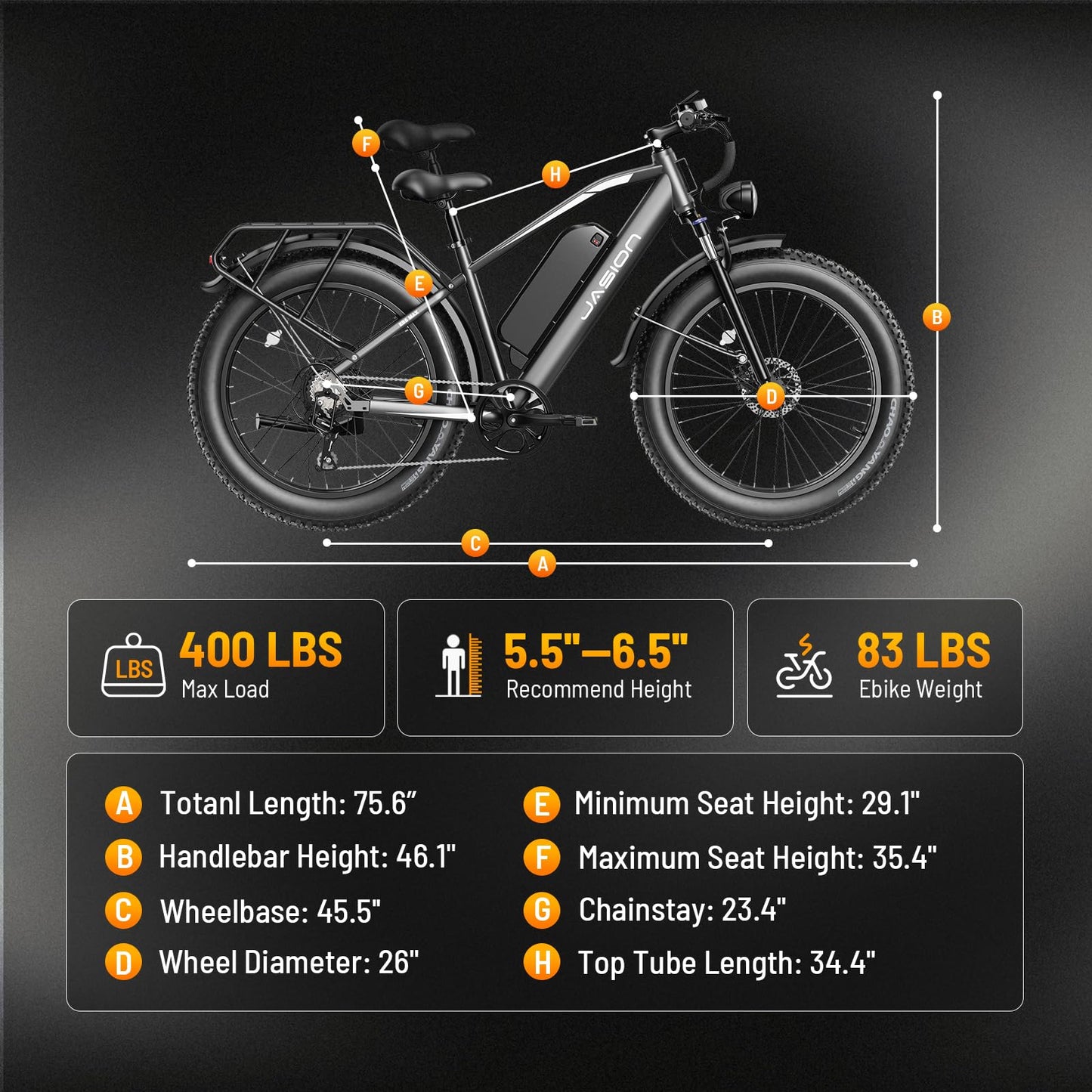 Jasion EB5 MAX Electric Bike for Adults with 2000W Peak Motor, 48V 15Ah (720Wh) Battery Electric Mountain Bike, 26'' x 4'' Fat Tire Ebike, 28+MPH Speed, Cruise Control, with Fenders, Rear Rack