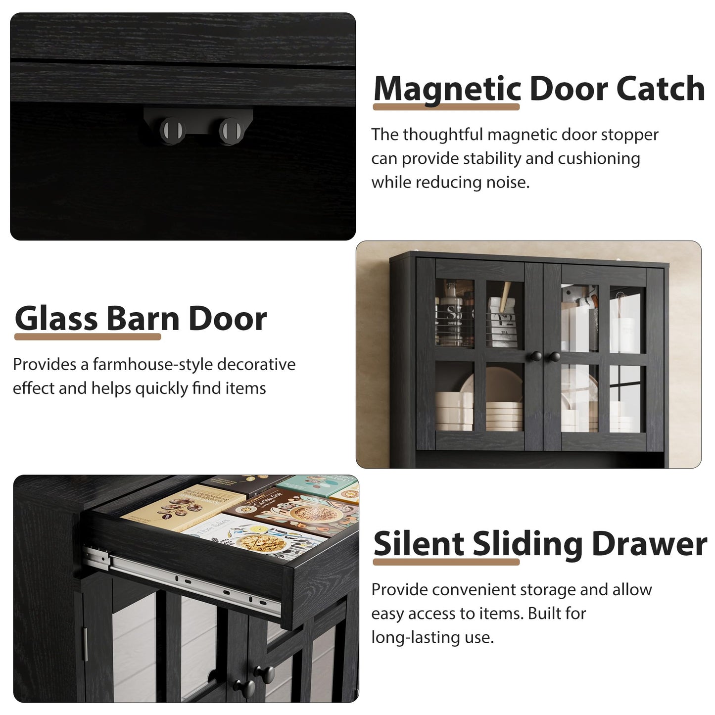 Garvee 72 Inch Kitchen Pantry Cabinet with Glass Doors, Drawer and Adjustable Shelves, Farmhouse Tall Storage Cabinet with Open Countertop, Coffee Bar Cabinet for Coffee Corner, Black