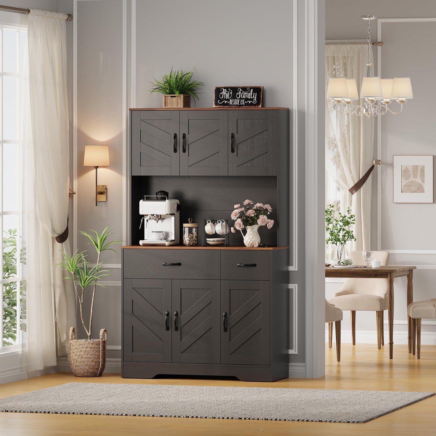 IDEALHOUSE 71" Kitchen Pantry Storage Cabinet with Charging Station, Farmhouse Kitchen Hutch Cabinet with 2 Storage Drawers, Large Food Pantry with Microwave Stand for Dining Room,Living Room,Black