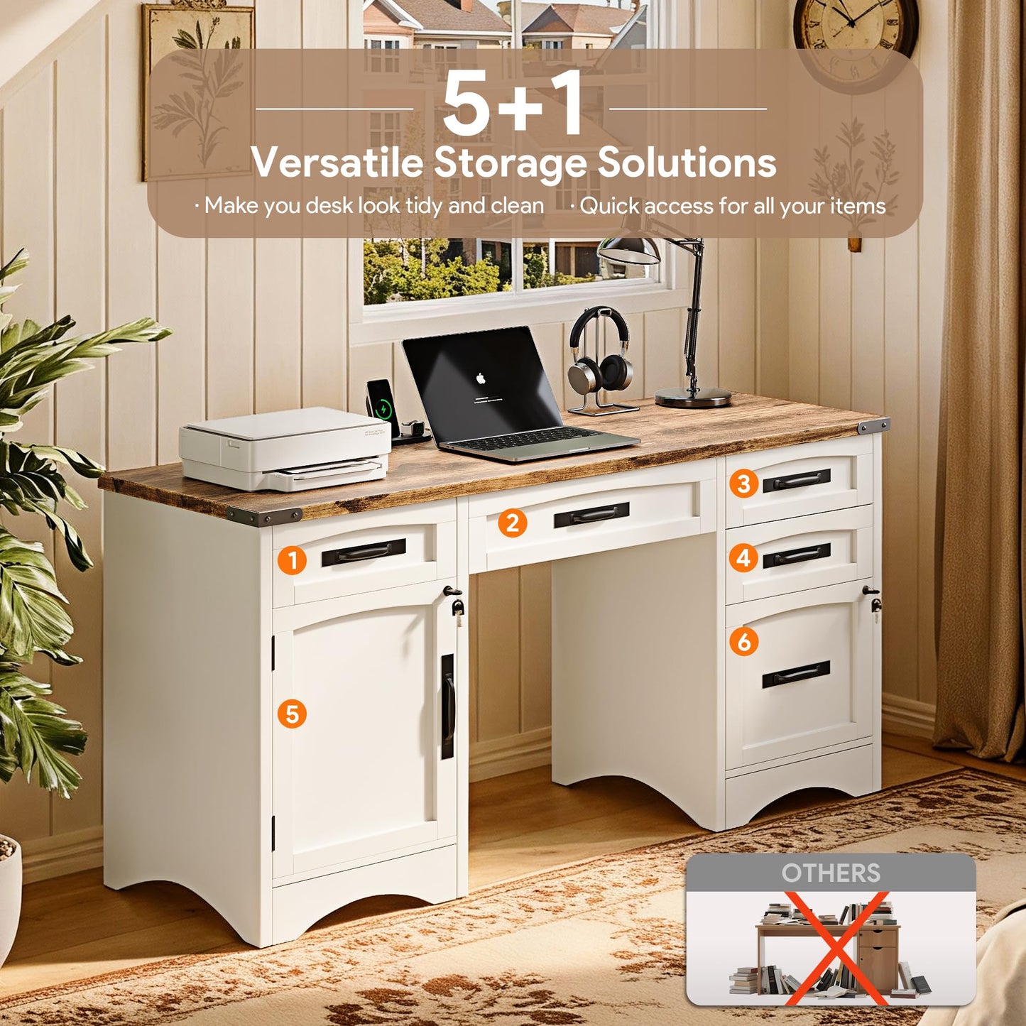 Decofy Farmhouse Executive Desk with Drawers, 55" Home Office Desks with Fast Charging Station, Lockable File Cabinet, Wood Writing Computer Desk for Work, Study, White