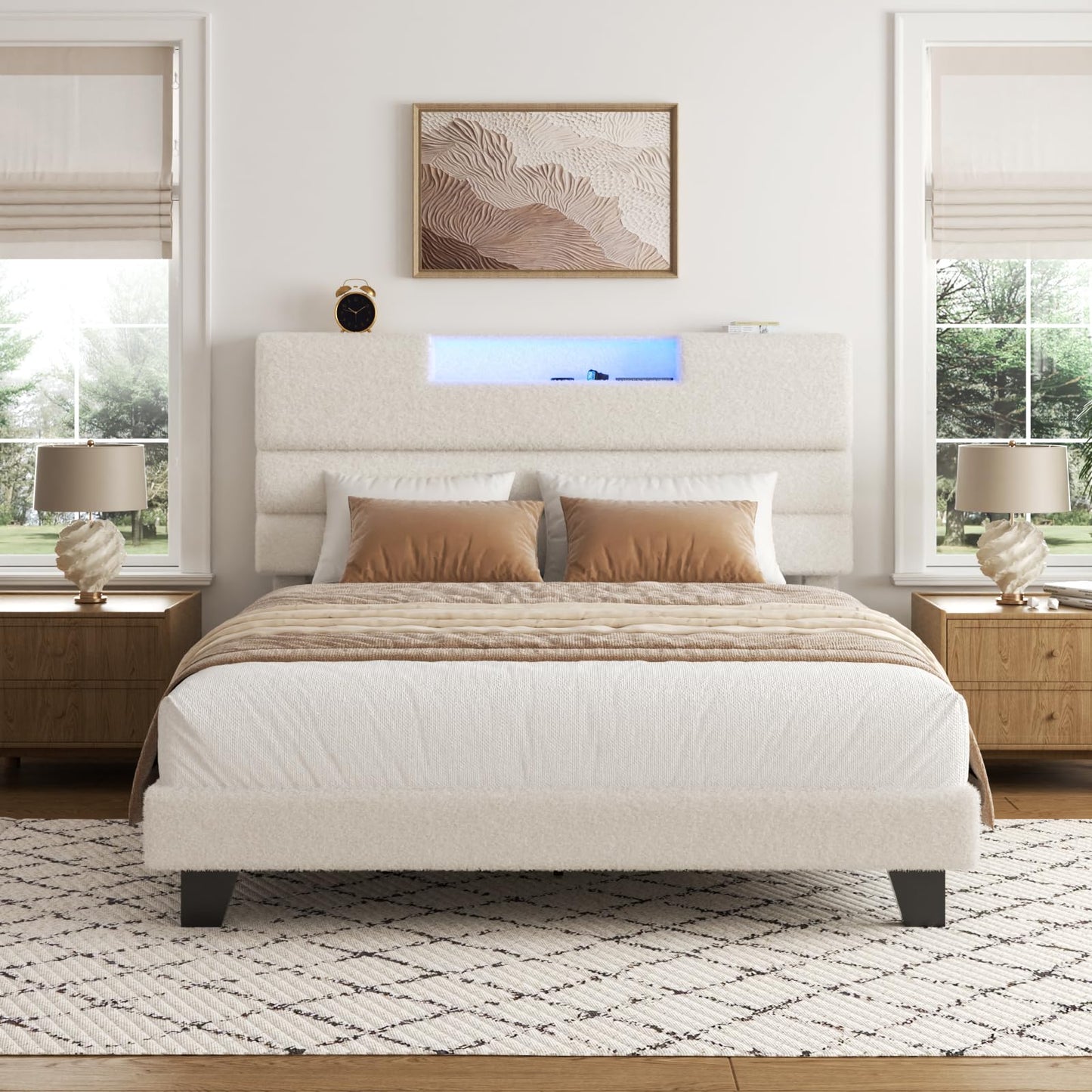 Queen Bed Frame with Upholstered Headboard, Boucle Platform Bed Frame with LED Lights and Charging Station, Type C& 2-Tier Storage Shelves, Modern Bedroom Furniture, No Box Spring Needed, Beige