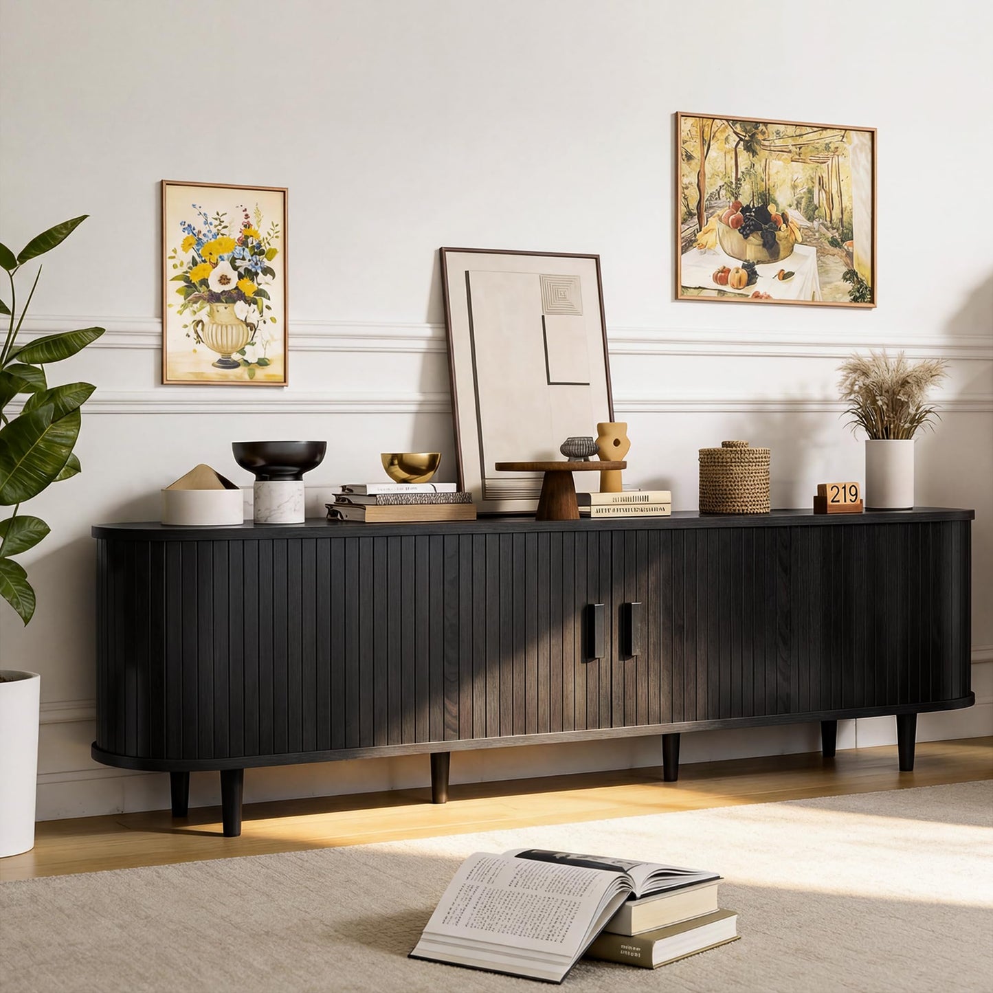 OneBlis 70" Mid Century Modern TV Stand, Wood TV Consoles with Sliding Doors and Power Outlet, Fluted Entertainment Center with Adjustable Shelves, Media Console for Living Room, Black