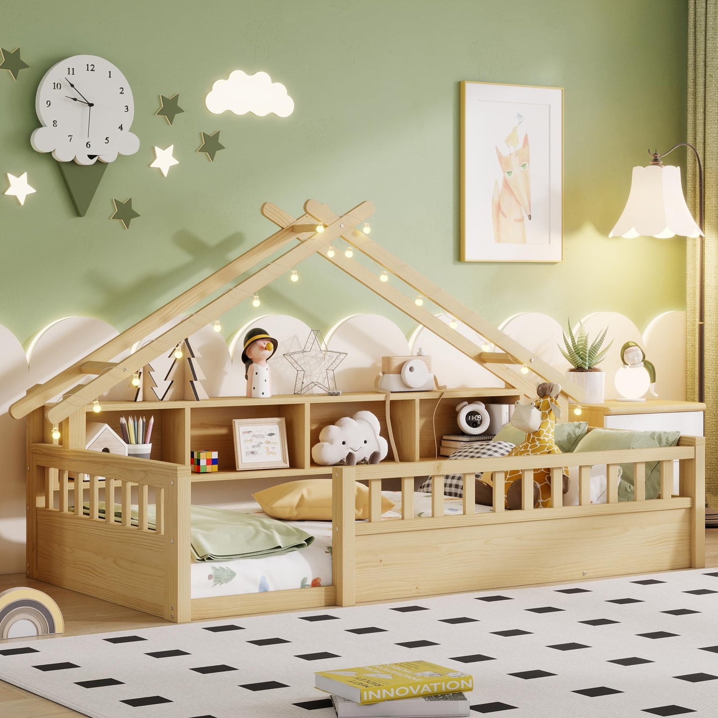 KEIKI Twin House Shaped Floor Bed with Storage, Kids Montessori Platform Bed Frame with Light & Tall Rails, Solid Beds Frames for Boys Girls Bedroom, No Box Spring Needed, Easy Assembly, Natural