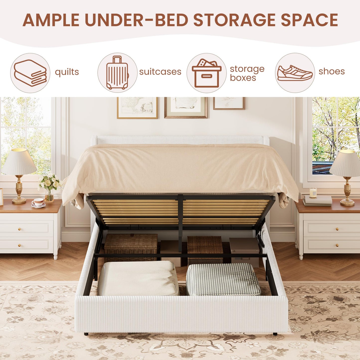 Garvee Queen Lift Up Storage Bed Frame, Corduroy Upholstered Platform Bed with Gas Lift, Padded Headboard, Wooden Slat Support, No Box Spring Needed, Easy Assembly, White