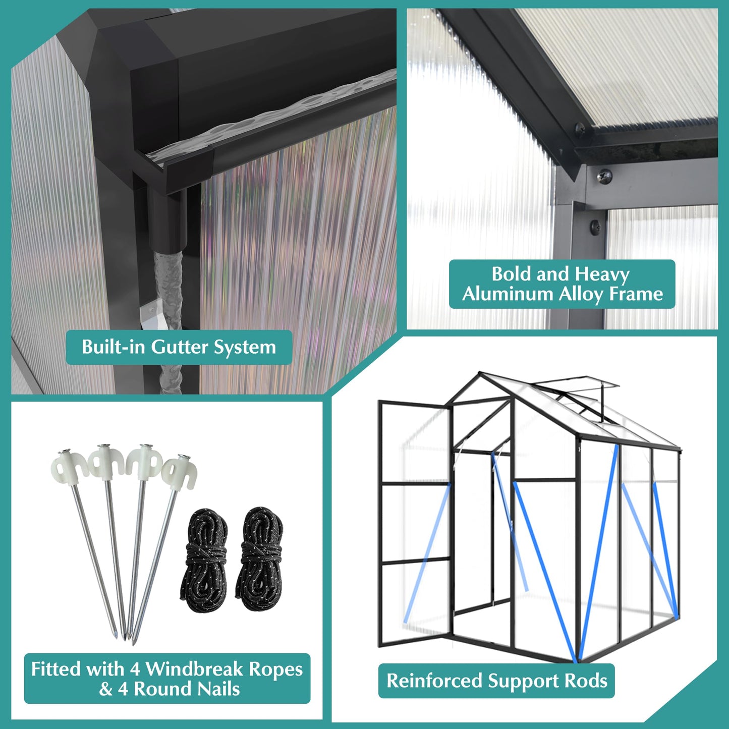 Walk-in Greenhouse 6x14FT, Heavy-Duty Aluminum Frame Polycarbonate Green House Kit, UV Resistant Plant Shelter with Vent Windows & Drainage System, Outdoor Garden Greenhouse for Vegetables Flowers