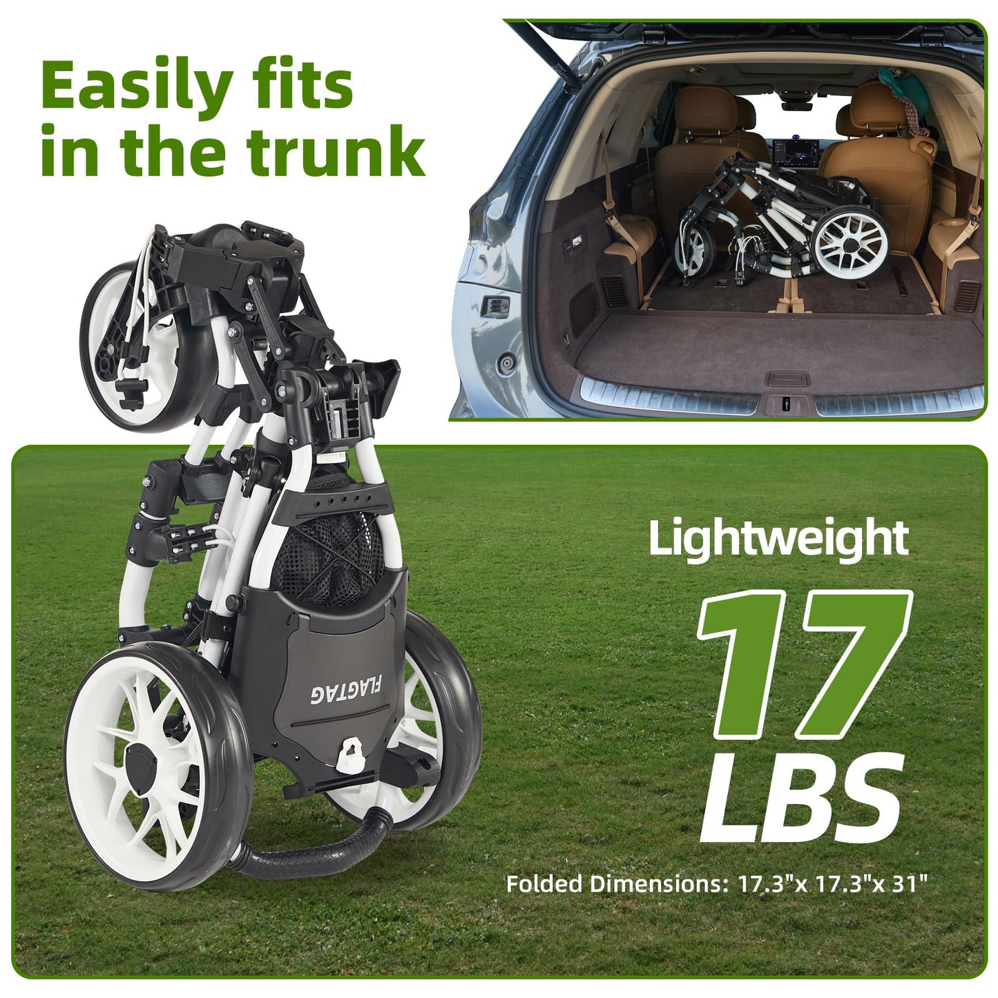 FLAGTAG Golf Push Cart 3 Wheel with 360 Swivel Front Wheel,Lightweight and Foldable Walking Golf Cart，One-Click Foldable,with Foot Brake