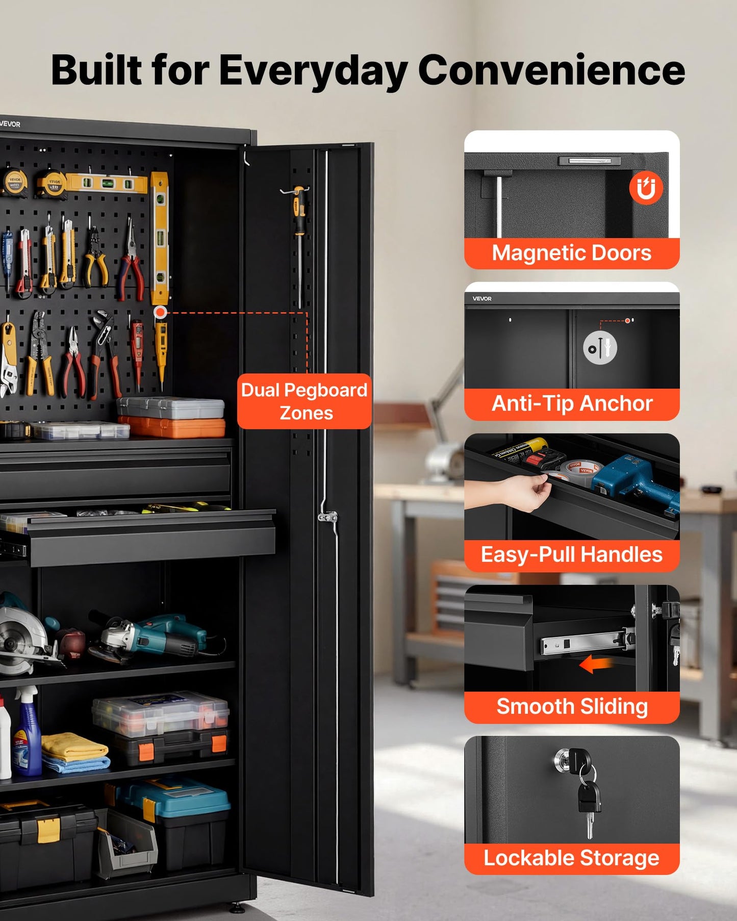 VEVOR Metal Storage Cabinet, 180 lbs Shelf Load Capacity, 70.87" Tall Garage Tool Storage Cabinet with 2 Locking Doors, Adjustable Shelves, 2 Drawers, Pegboard, for Garage, Home, Office, Utility Room