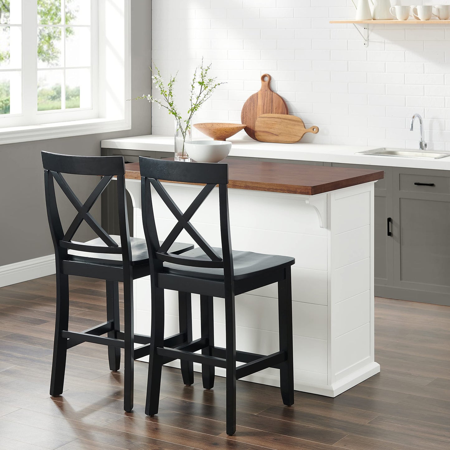 Crosley Furniture Bartlett Kitchen Island with Wood Top and X-Back Stools, White/Black