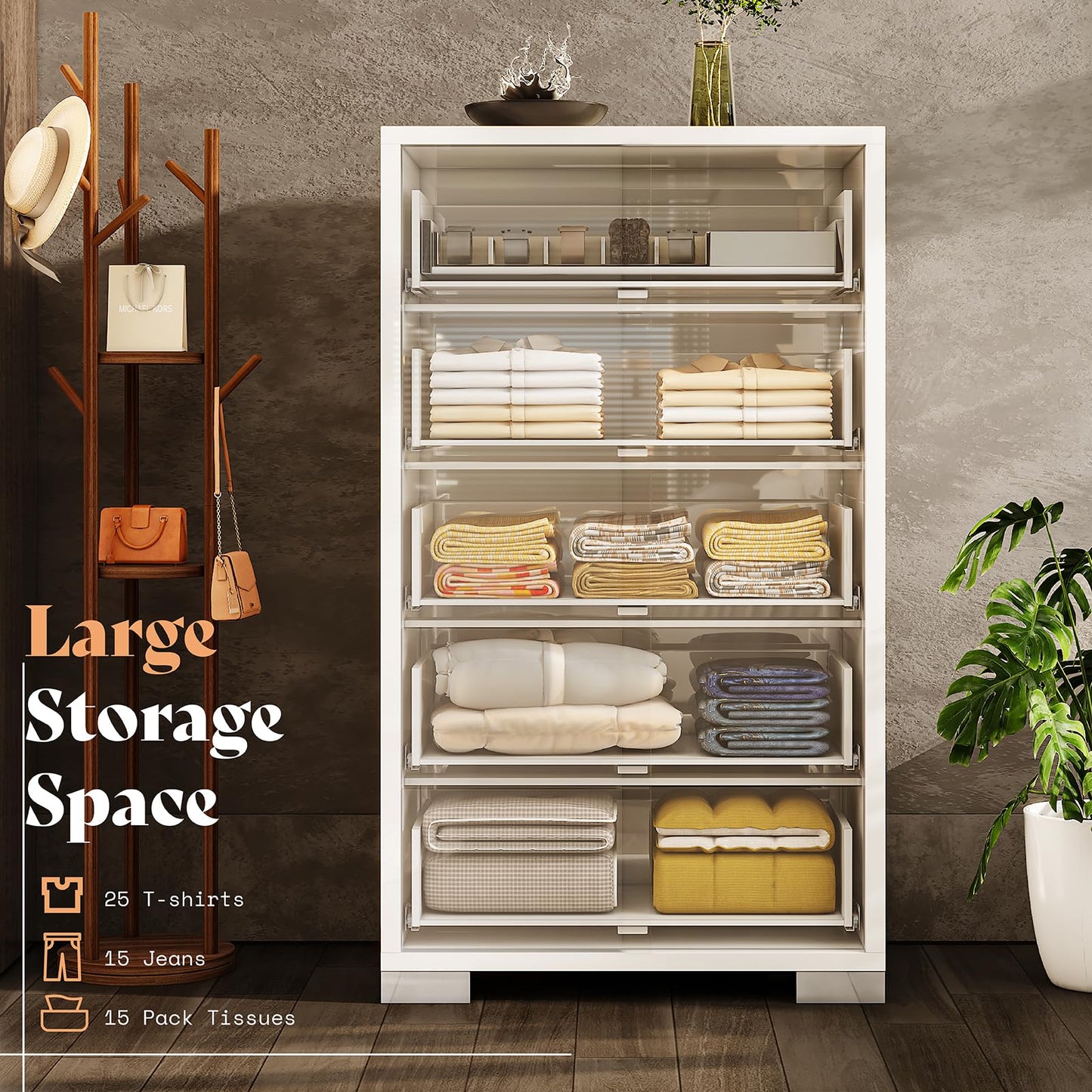 AMERLIFE 50.2" H Modern 5 Drawer Dresser, Glossy Surface Chest of Drawers, Large Storage Organizer for Bedroom, Living Room, Cloakroom, Luxury, White