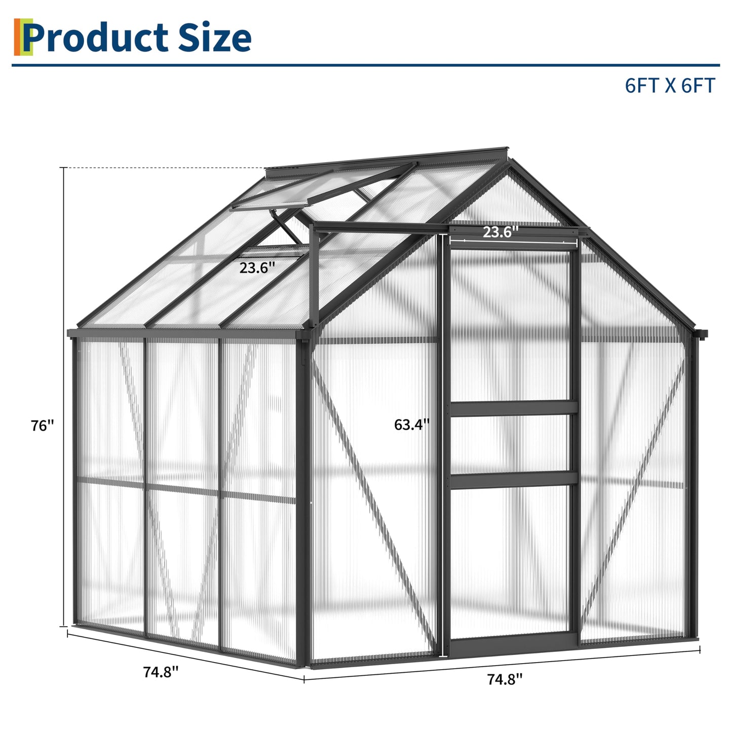 GarveeLife 6 x 6 FT Walk-in Greenhouses for Outside, Polycarbonate Greenhouse with Sliding Door, Adjustable Roof Vent, Aluminum Frame, Backyard Green Houses for Patio Garden
